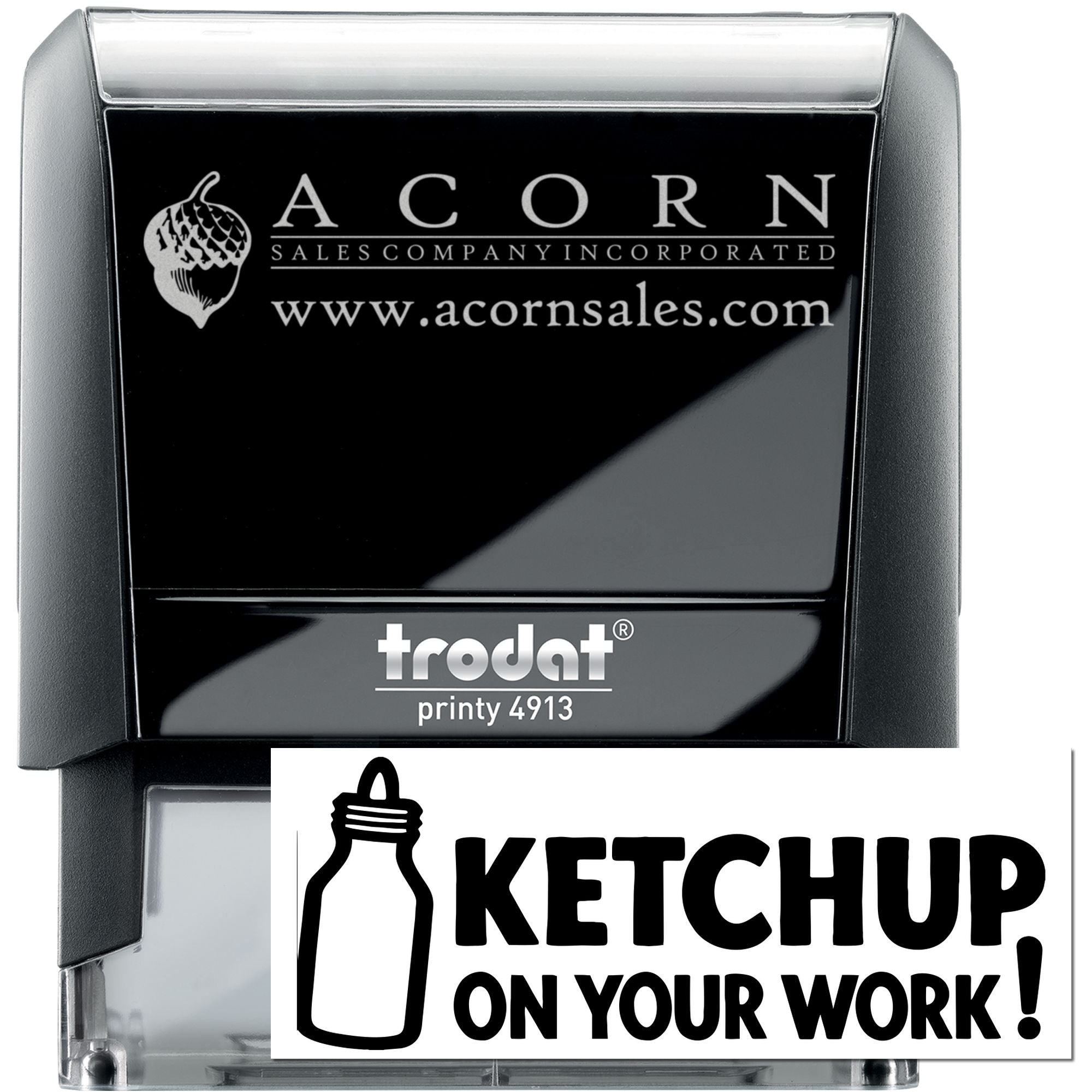 Custom self-inking rubber stamp with Acorn Sales logo and website, Trodat Printy 4913 for branded business use.