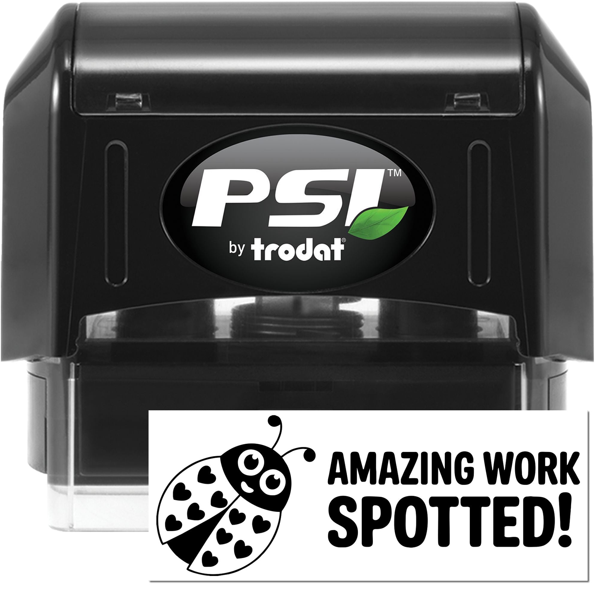 PSI by Trodat self-inking rubber stamp with Amazing Work Spotted! design for classroom rewards and feedback.