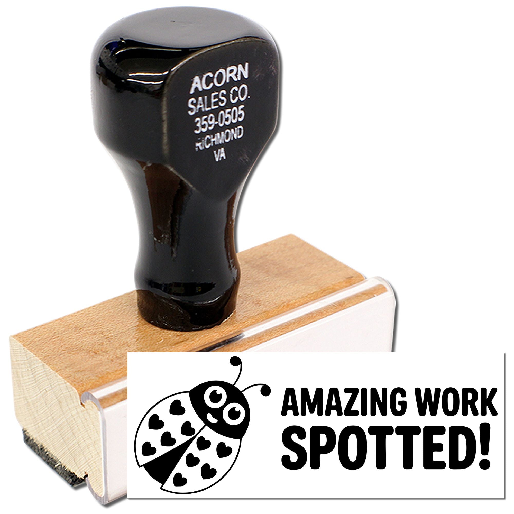 Custom rubber stamp with wooden handle and Amazing Work Spotted! ladybug design for rewarding student work.