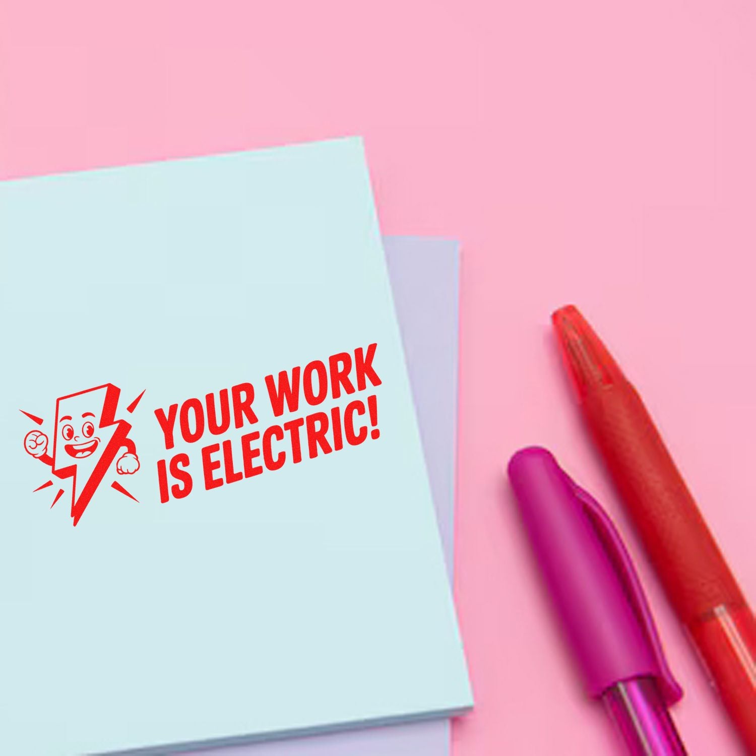 Custom rubber stamp with Your Work Is Electric! lightning design for creative branding, packaging, and stationery.