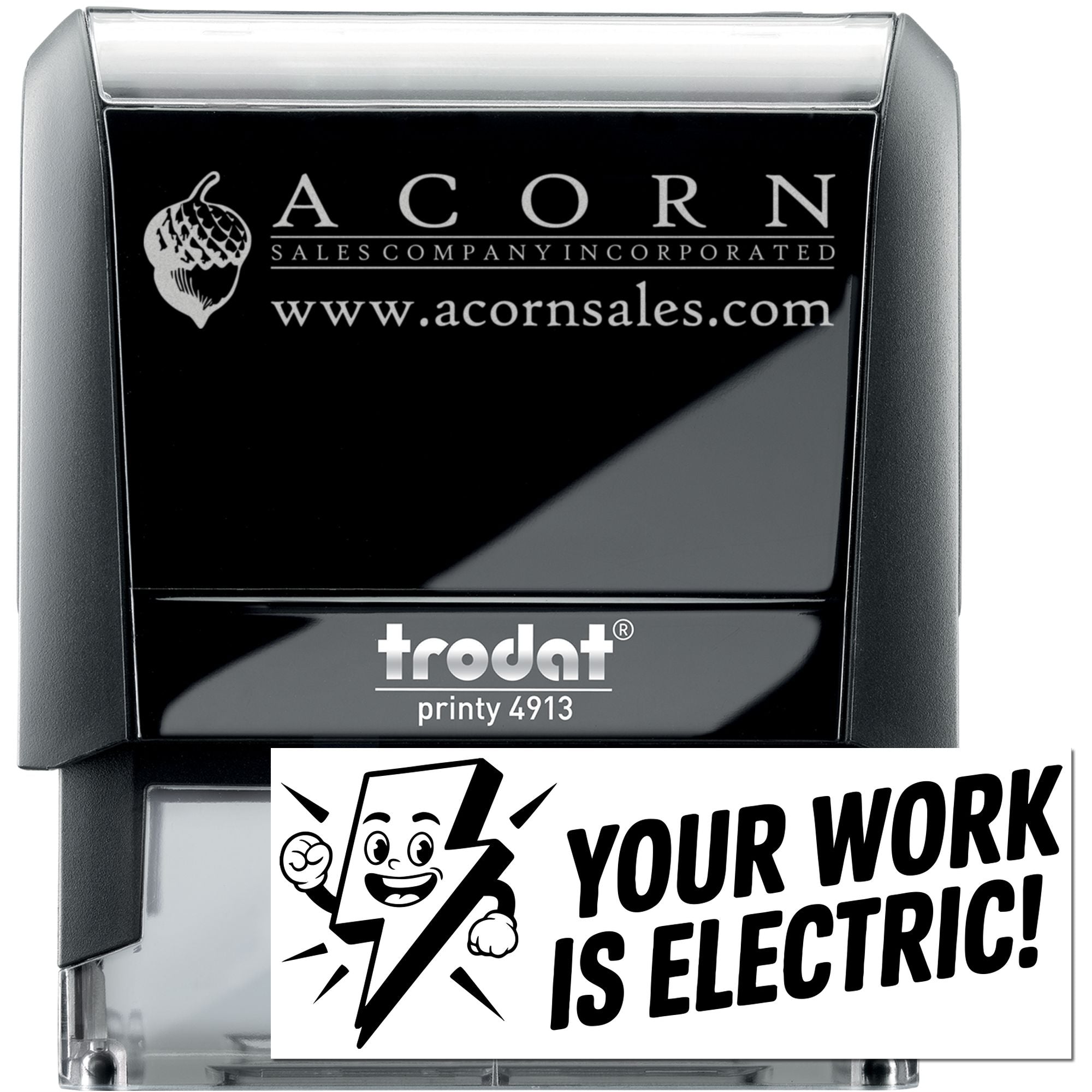 Custom self-inking Trodat Printy 4913 rubber stamp showing Acorn Sales Company logo and electric-themed sample imprint.