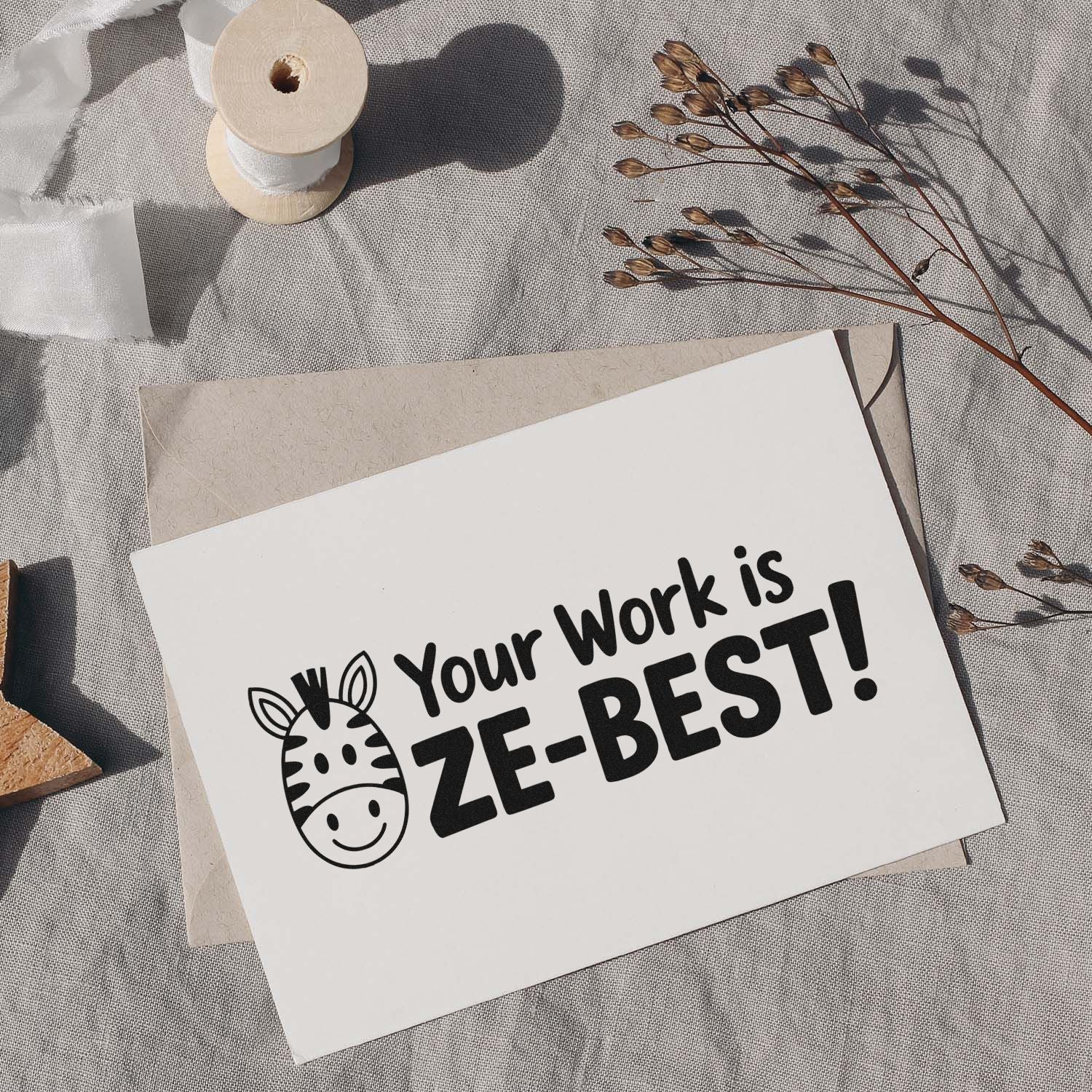 Zebra-themed rubber stamp design with Your Work is ZEBEST! for motivational office cards and handmade stationery.