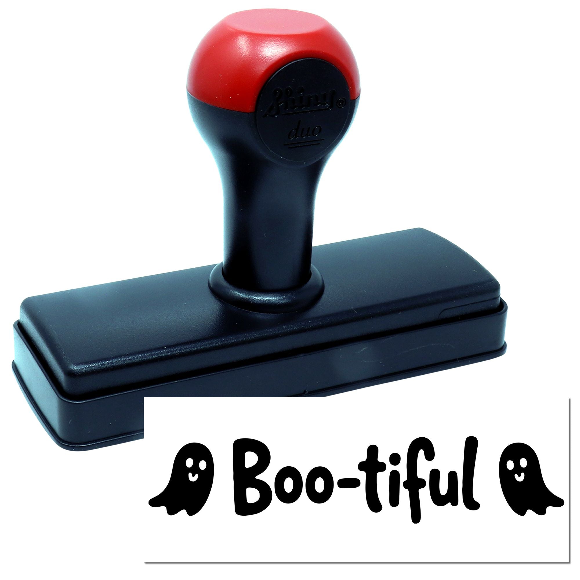 Self-inking rubber stamp with Boo-tiful Halloween design and ghost icons for seasonal cards and crafts.