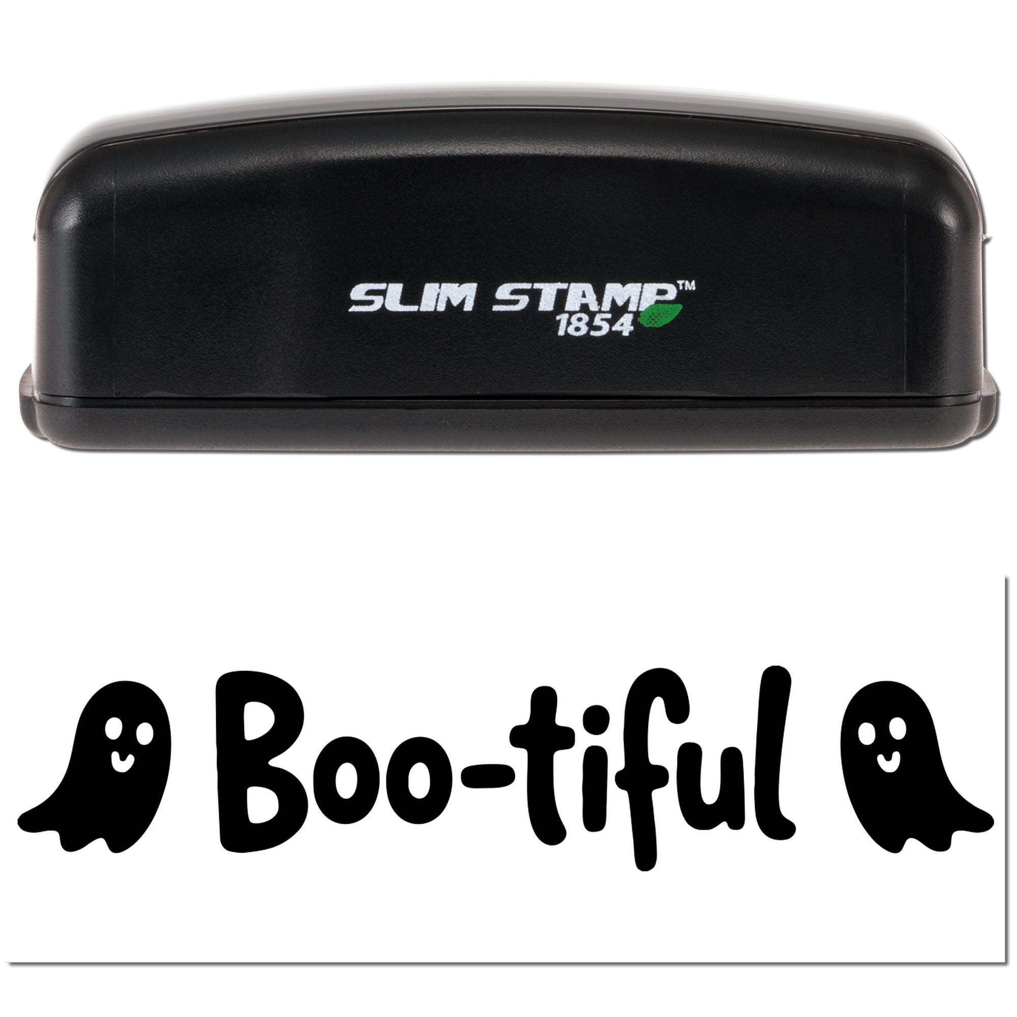 Black Slim Stamp 1854 self-inking rubber stamp showing a Boo-tiful ghost Halloween design impression