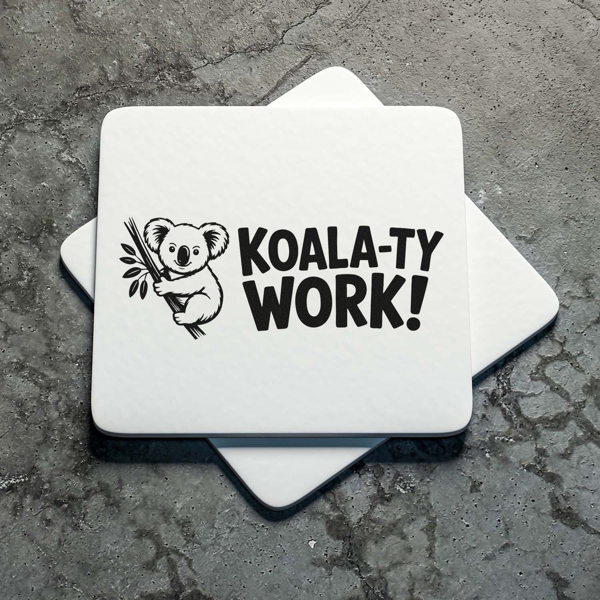Koala-ty Work rubber stamp with cute koala design, ideal for teachers, crafts, and branded business packaging.