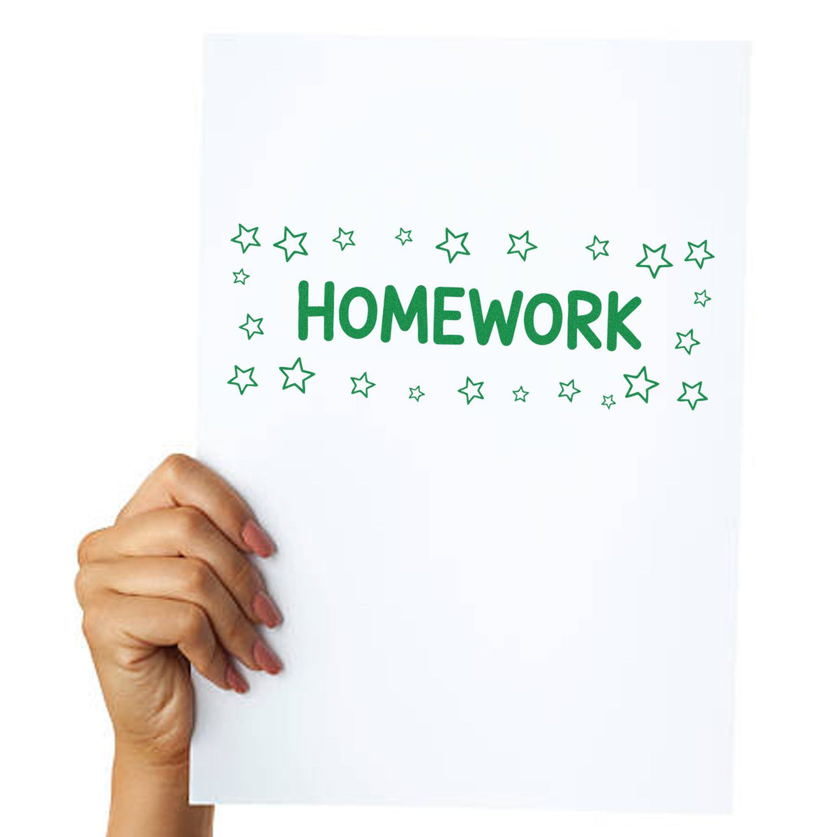 Homework rubber stamp on paper with green stars for classroom grading and school assignments