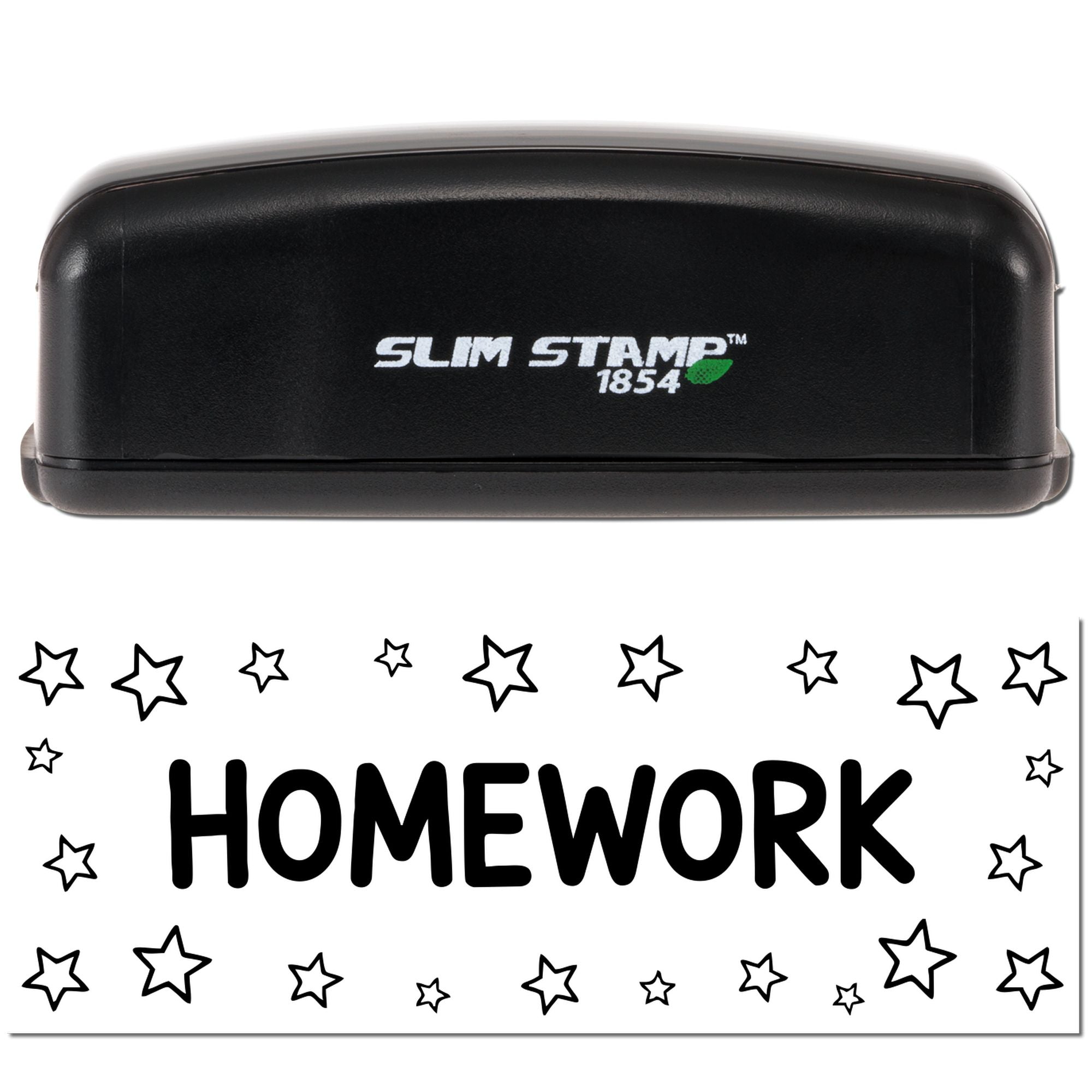 Slim Stamp 1854 self-inking rubber stamp for homework, with star border and bold HOMEWORK imprint.