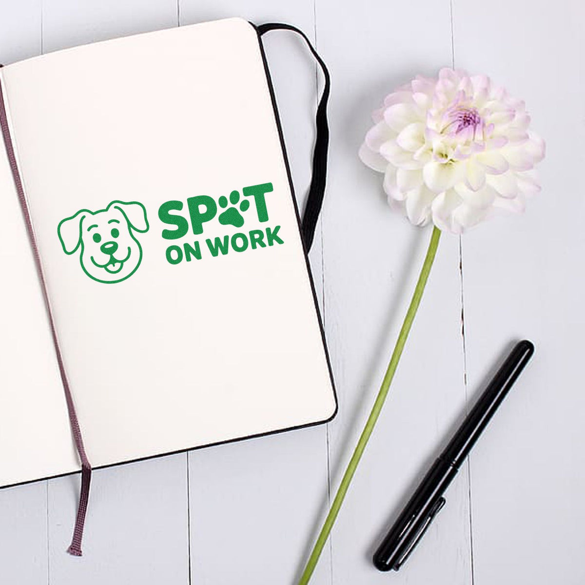 Custom rubber stamp with dog logo and Spot on Work text, perfect for business branding, packaging, and stationery.