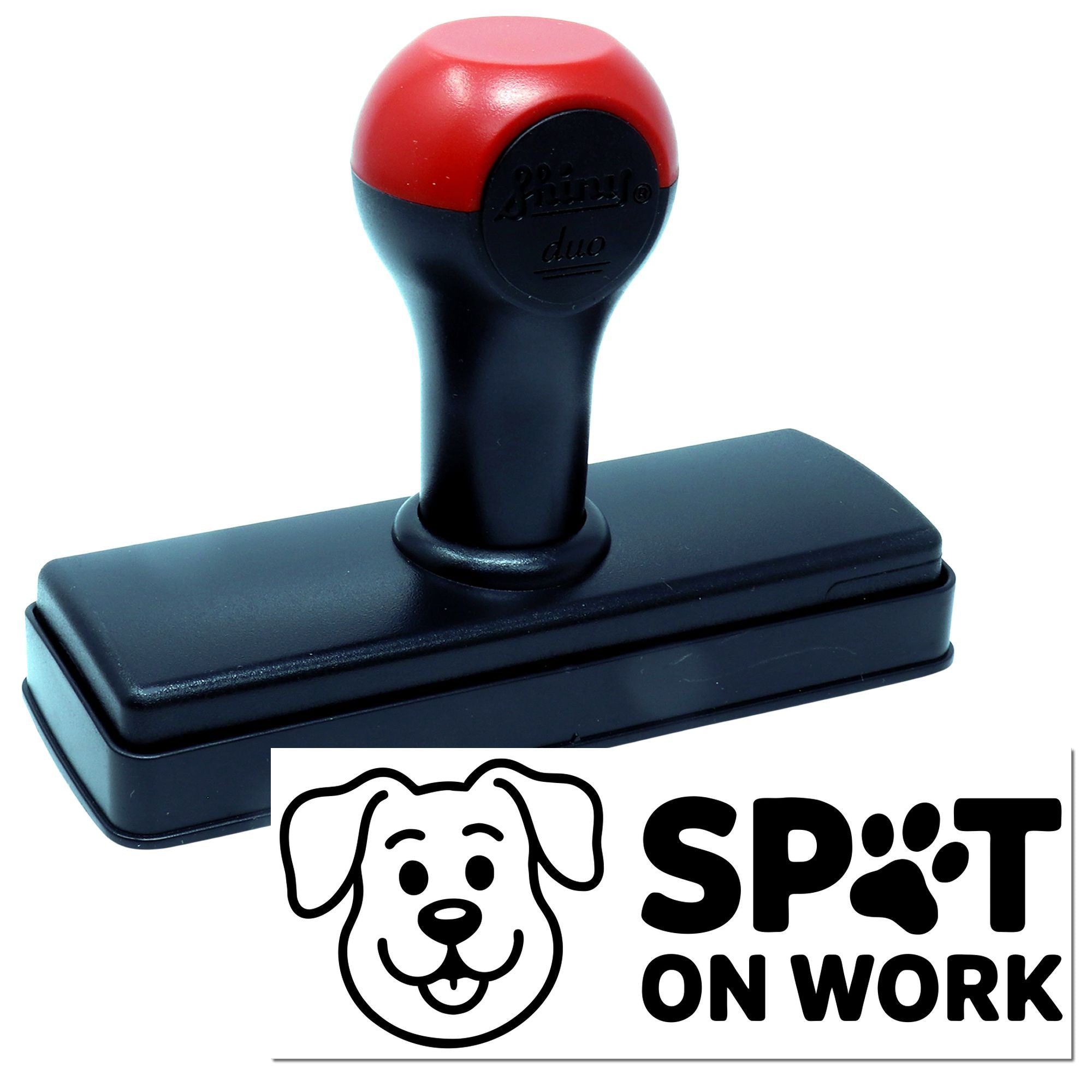 Self-inking rubber stamp with custom dog logo and Spot on Work imprint for business branding and office use.