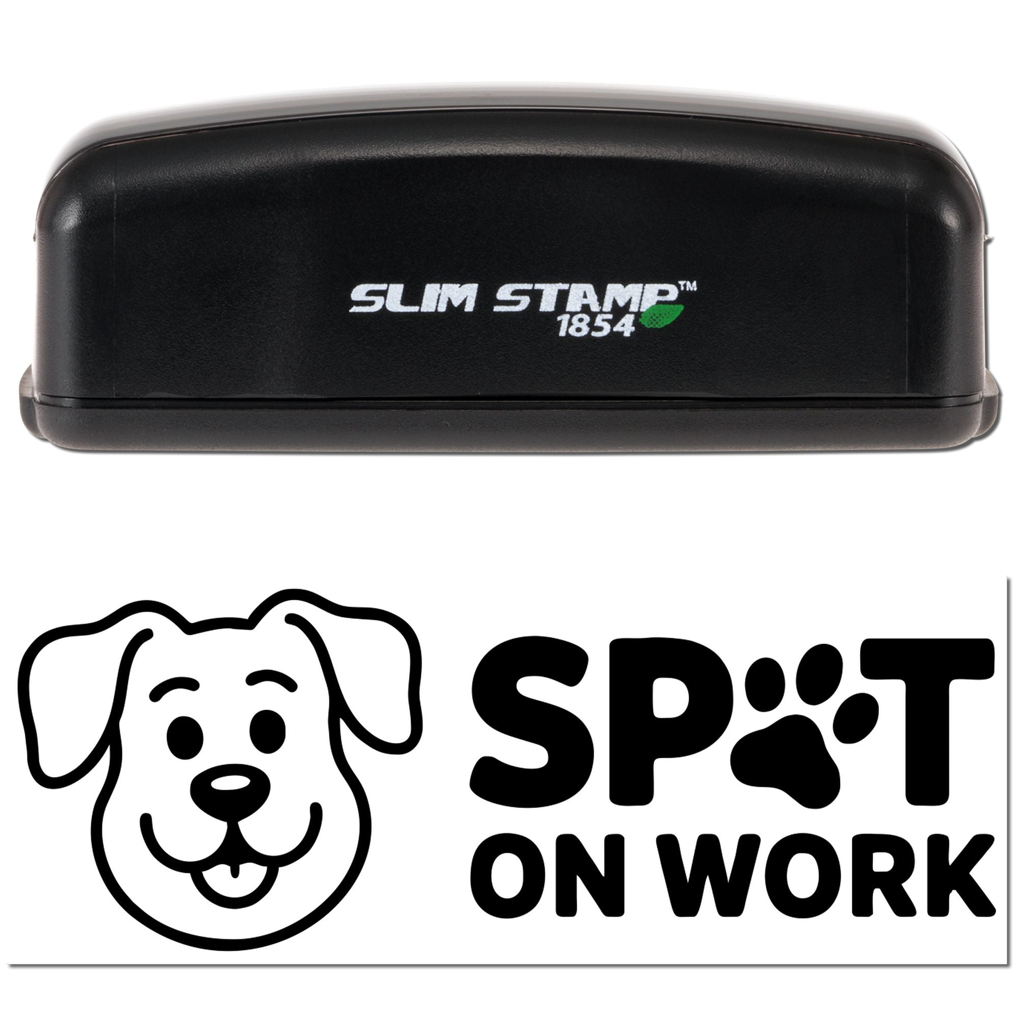 Custom dog logo rubber stamp with Spot on Work imprint, Slim Stamp 1854 for pet business branding.