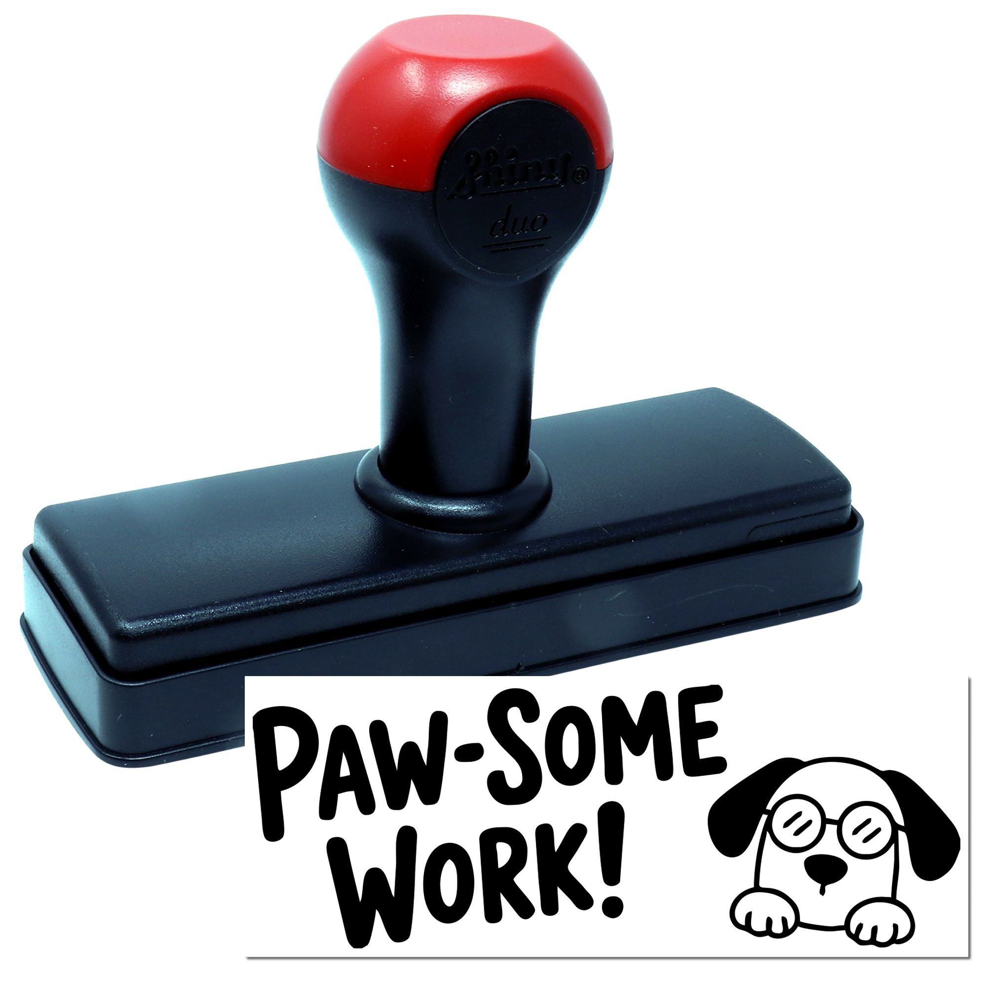 Self-inking rubber stamp with Paw-Some Work! dog design for pet-themed grading, rewards, or business use.