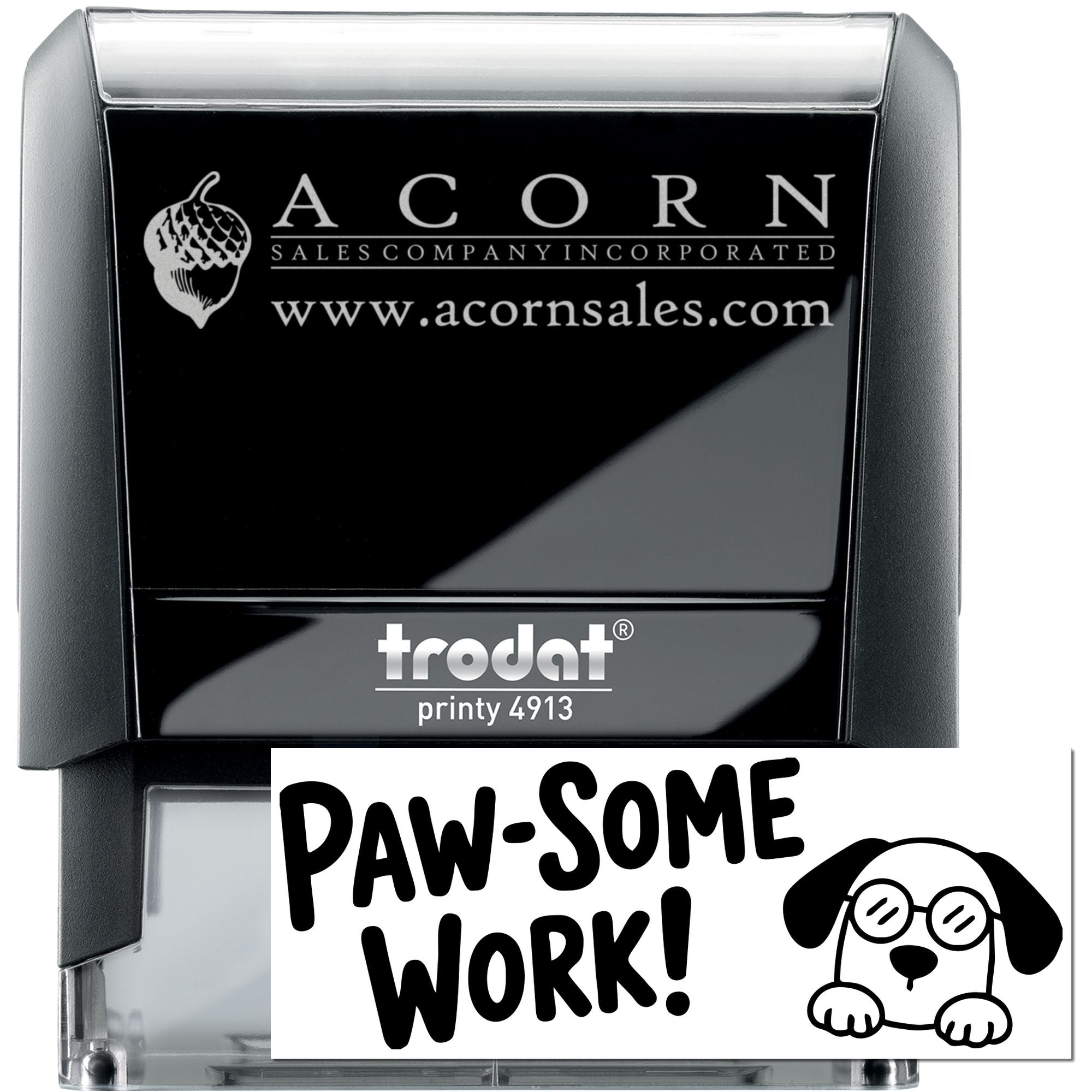 Custom self-inking rubber stamp with Acorn Sales logo and Paw-Some Work dog design for business branding.