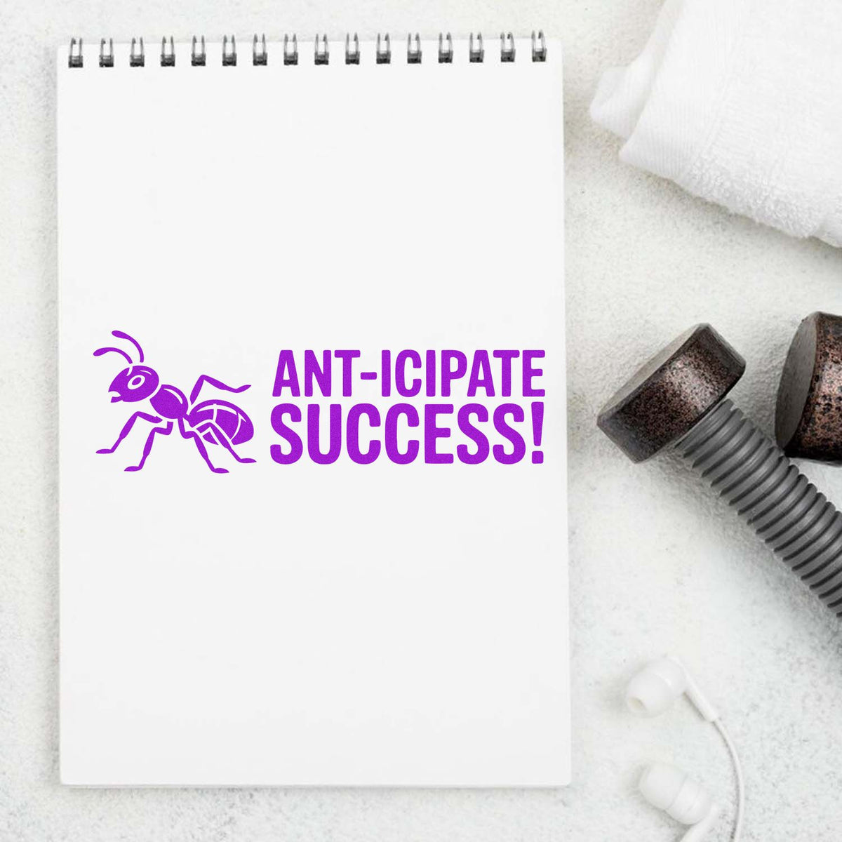 Purple ant-themed rubber stamp with ANT-icipate Success! slogan, ideal for motivational office, teacher, or craft stamping.