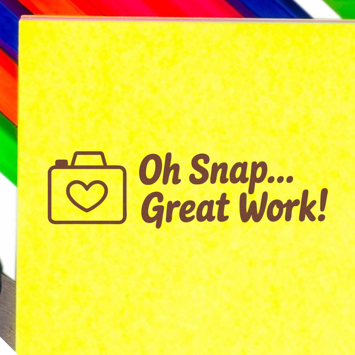 Rubber stamp design with heart briefcase icon and Oh Snap... Great Work! text for praise, awards, and teacher rewards.