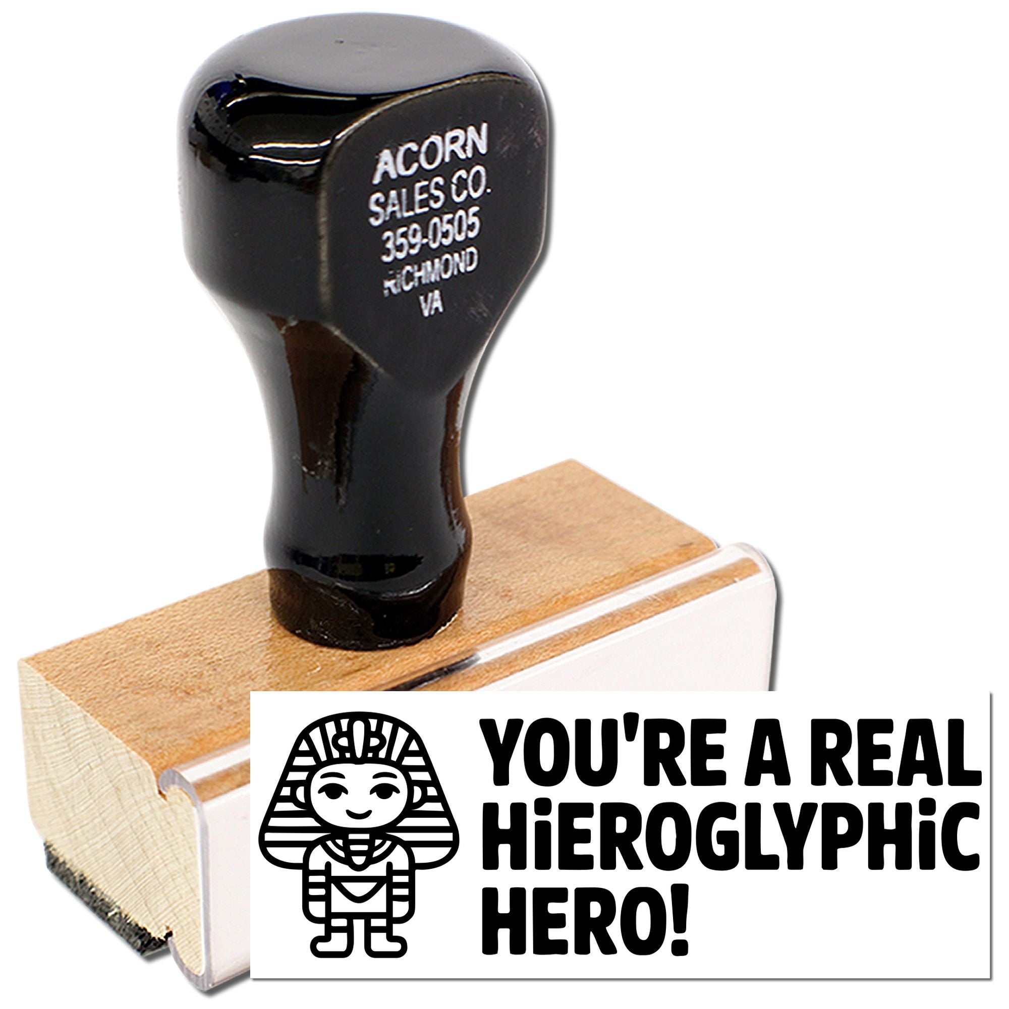 Self-inking custom rubber stamp with Youre a Real Hieroglyphic Hero! Egyptian-themed design for fun teacher gifts.