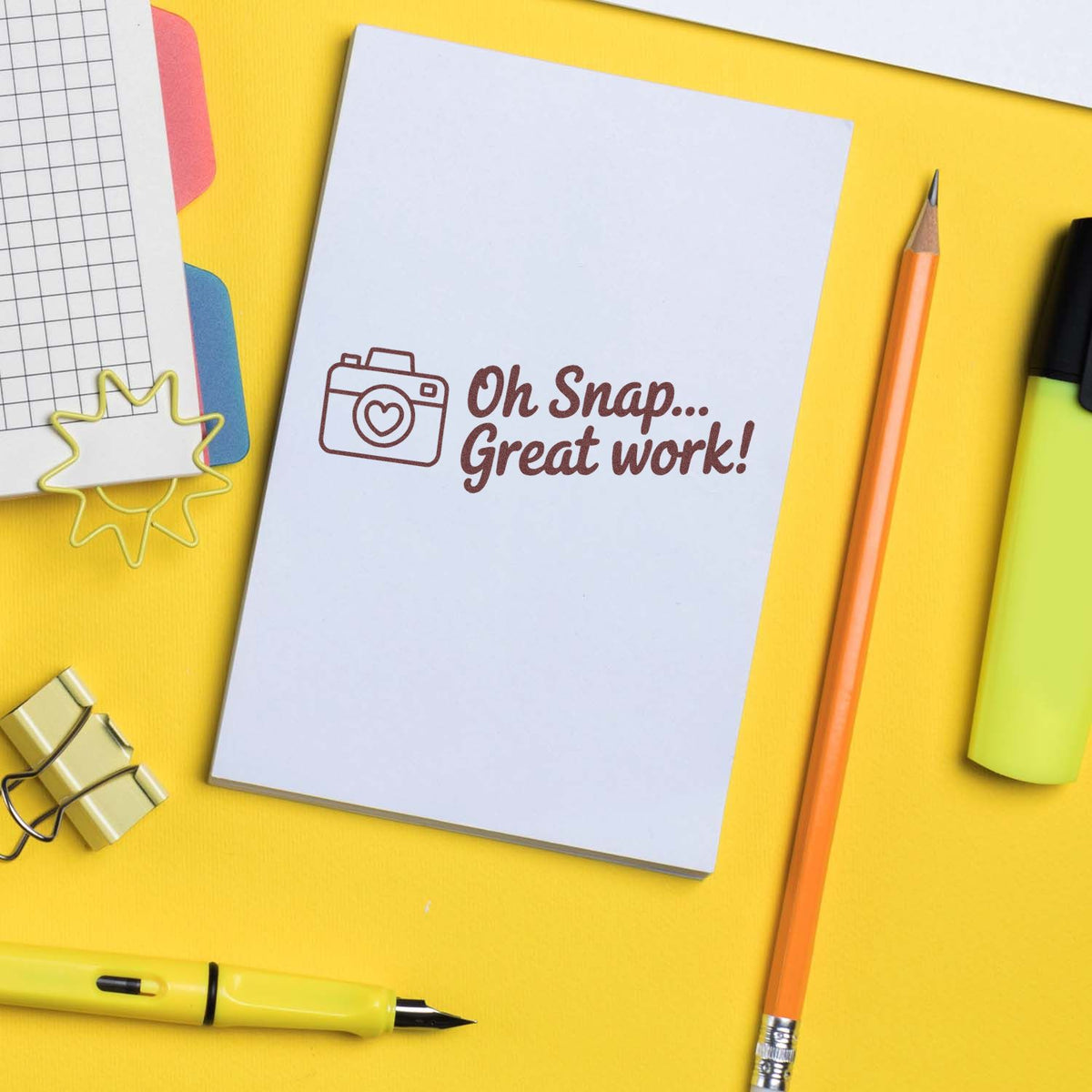 Custom rubber stamp with camera icon and Oh Snap... Great Work! message for teacher rewards, scrapbooking, and crafts.