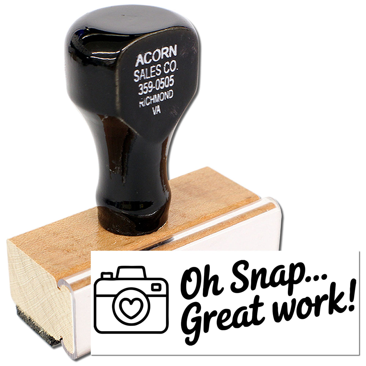 Custom rubber stamp with camera icon and Oh Snap... Great work! text for packaging, cards, and branding.