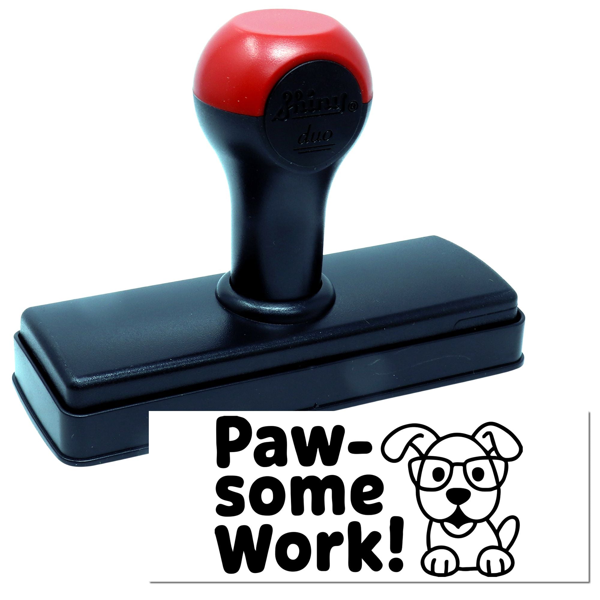 Self-inking rubber stamp with Paw-some Work! dog design, ideal for teachers, pet businesses, and crafting reward marks.