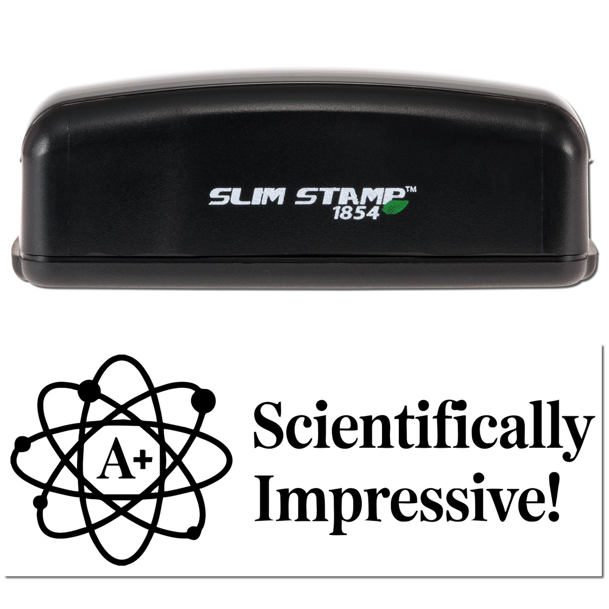 Slim self-inking rubber stamp with "Scientifically Impressive!" atom A+ design for science classroom grading.