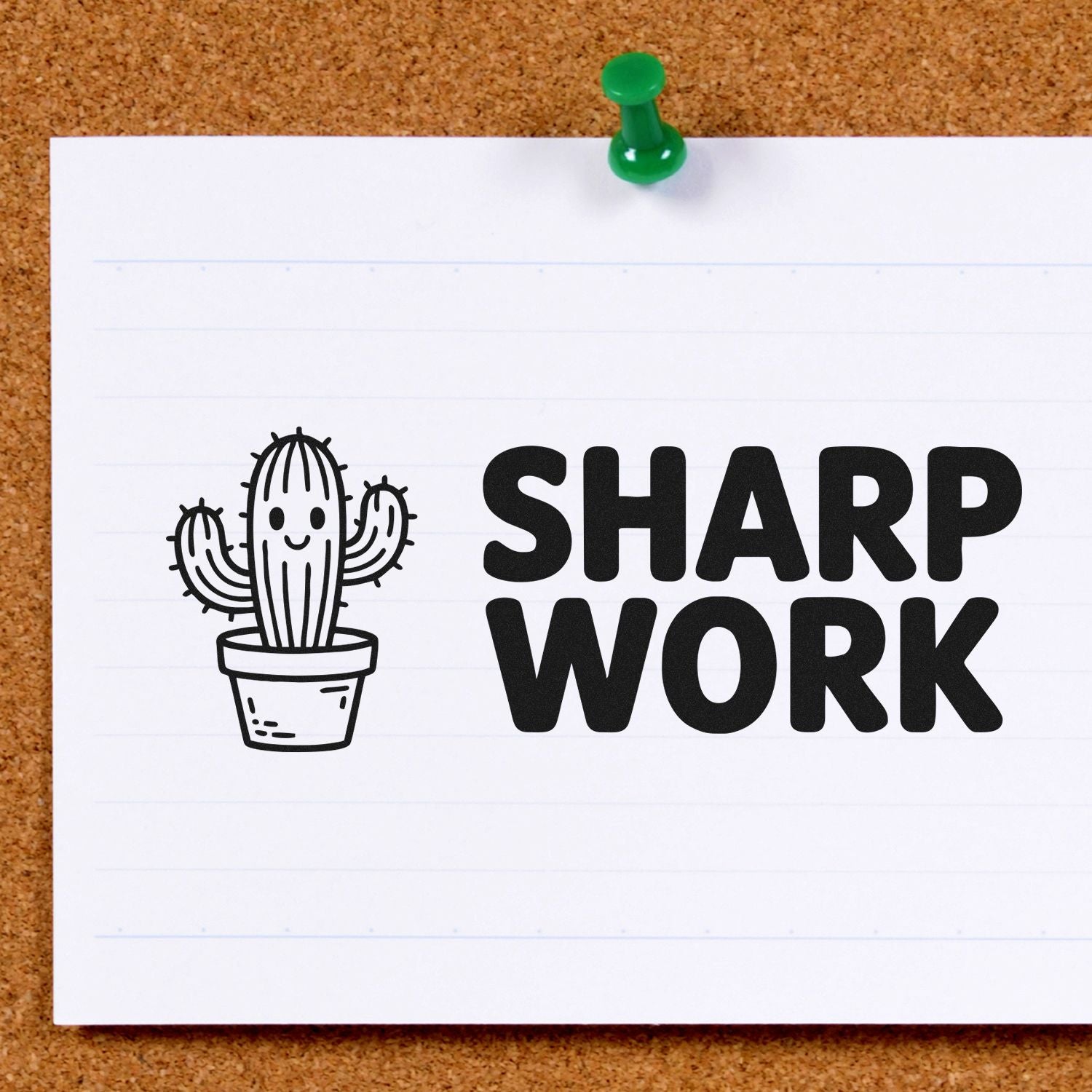 Cactus rubber stamp design with Sharp Work text for teacher rewards, office notes, and craft projects.