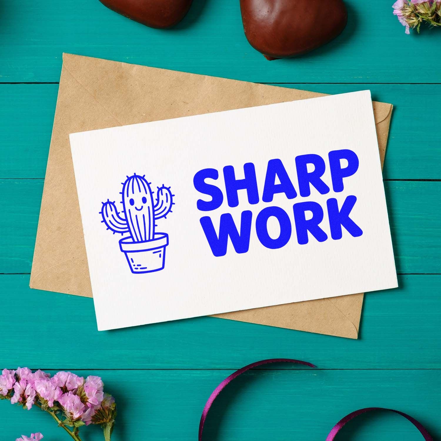 Sharp Work cactus rubber stamp for thank-you cards, packaging, and creative handmade stationery.