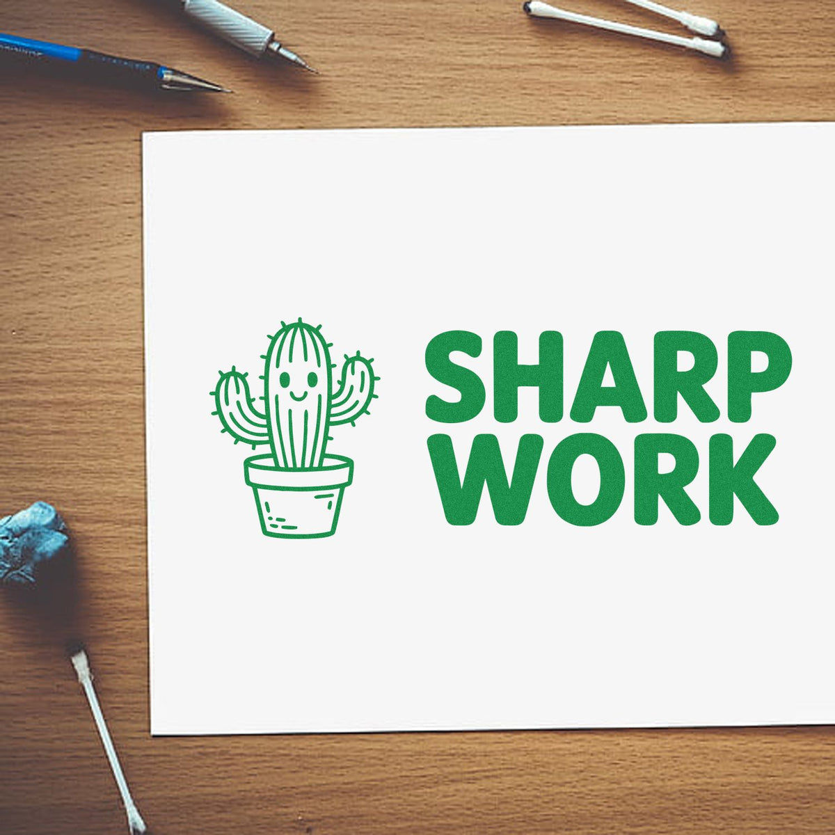 Sharp Work cactus rubber stamp design on paper, ideal for crafting, branding, and stationery.
