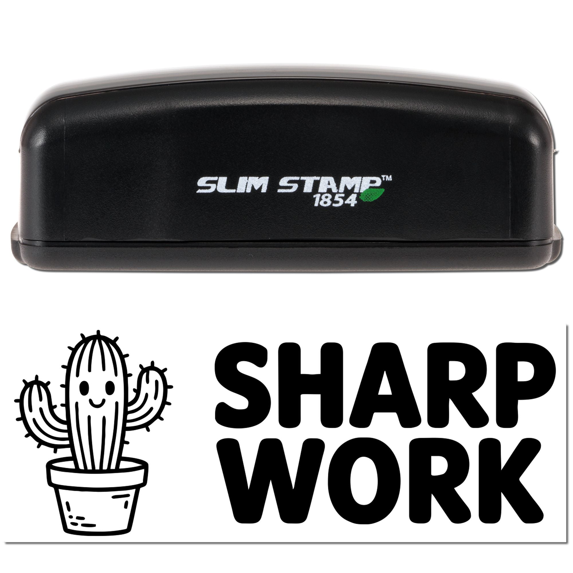 Slim Stamp 1854 self-inking rubber stamp with sharp work cactus design for custom office branding and craft projects.