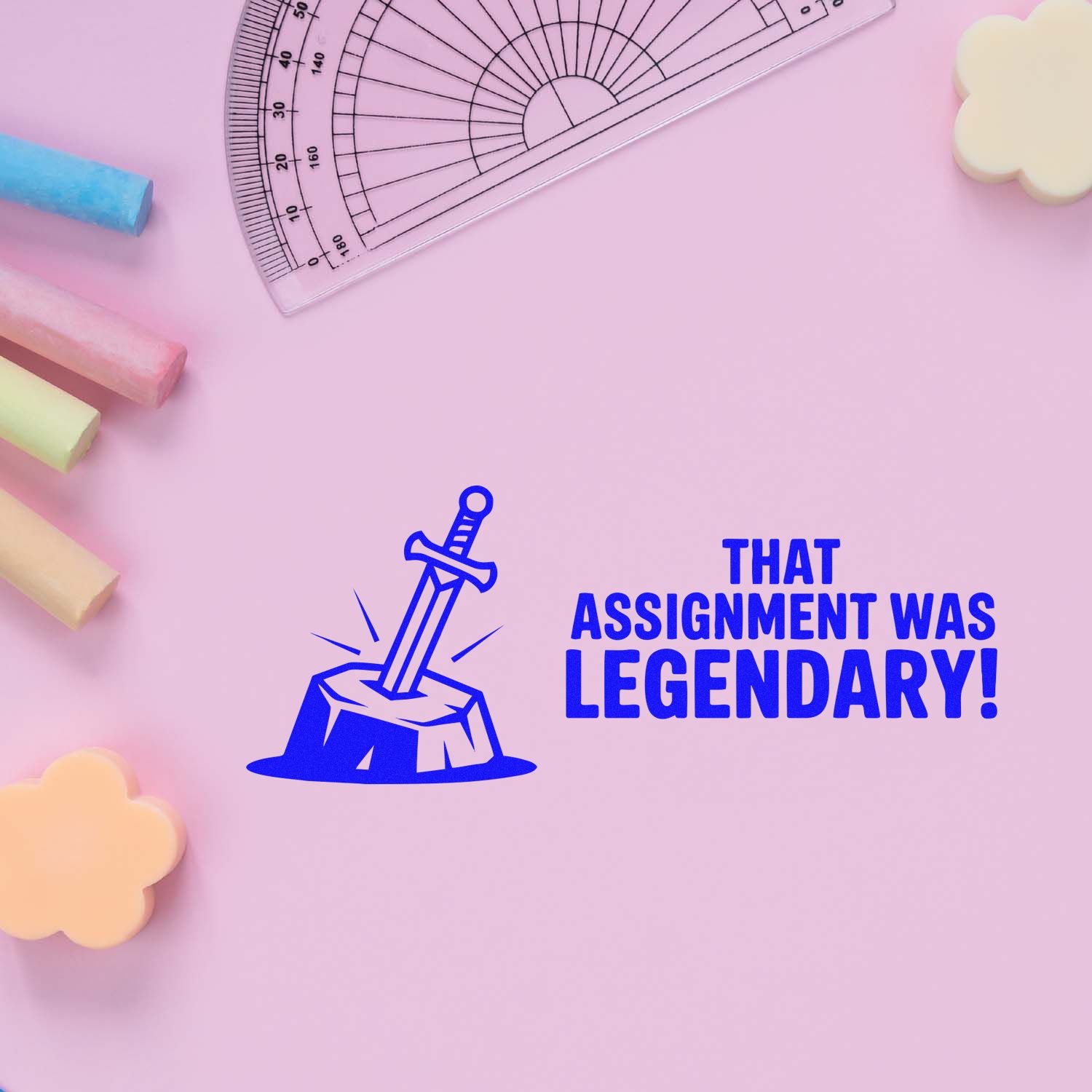 Legendary assignment rubber stamp design with sword in stone graphic, ideal for teacher grading and student reward.