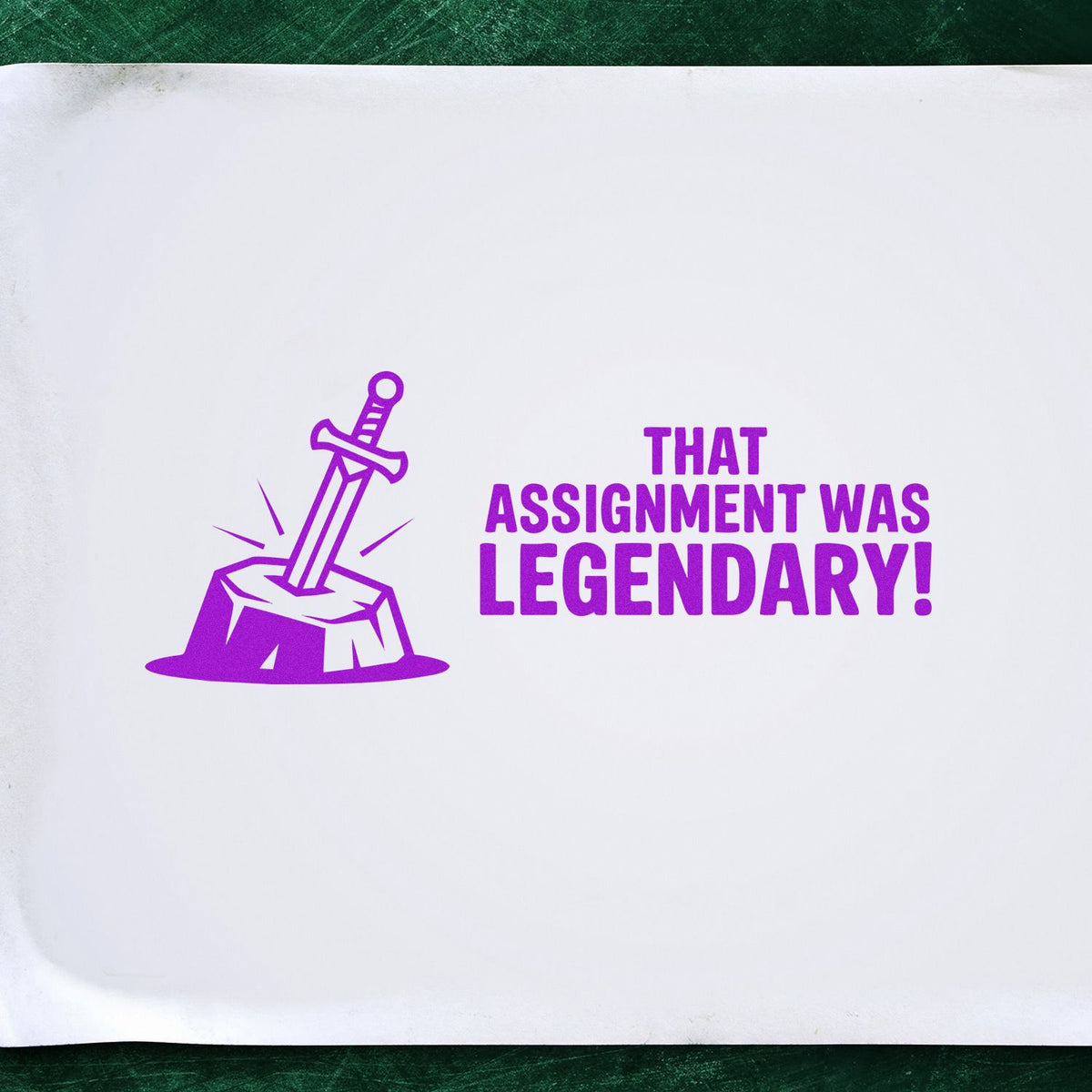 Custom rubber stamp with sword-in-stone graphic and That Assignment Was Legendary! text for teachers and student rewards.