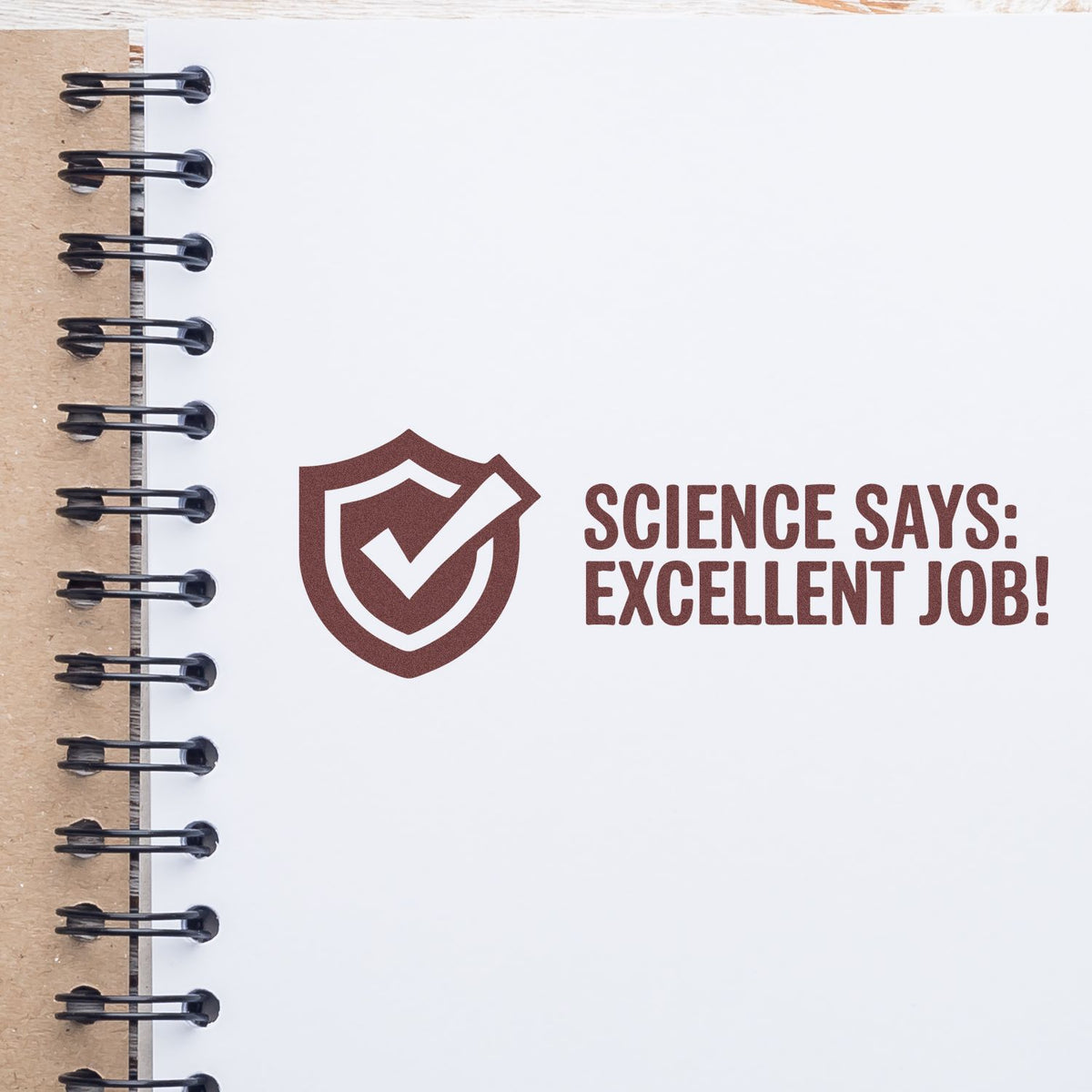Science Says Excellent Job custom rubber stamp with shield checkmark for student rewards, classroom praise, and recognition.