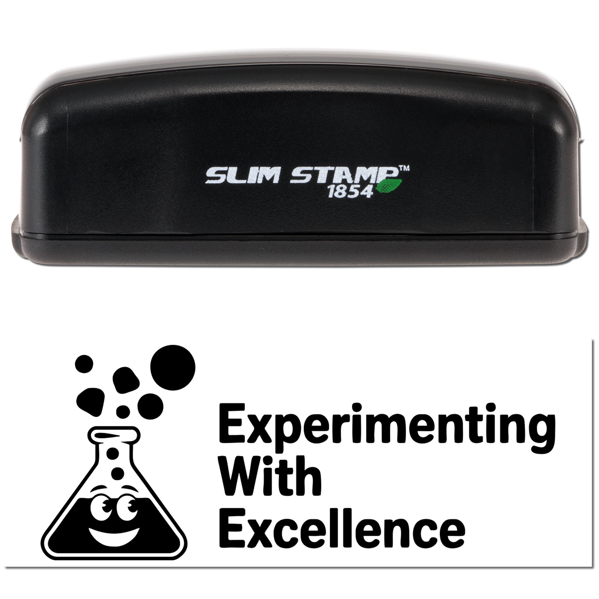 Slim Stamp 1854 custom rubber stamp with Experimenting With Excellence science flask design for classroom labs.