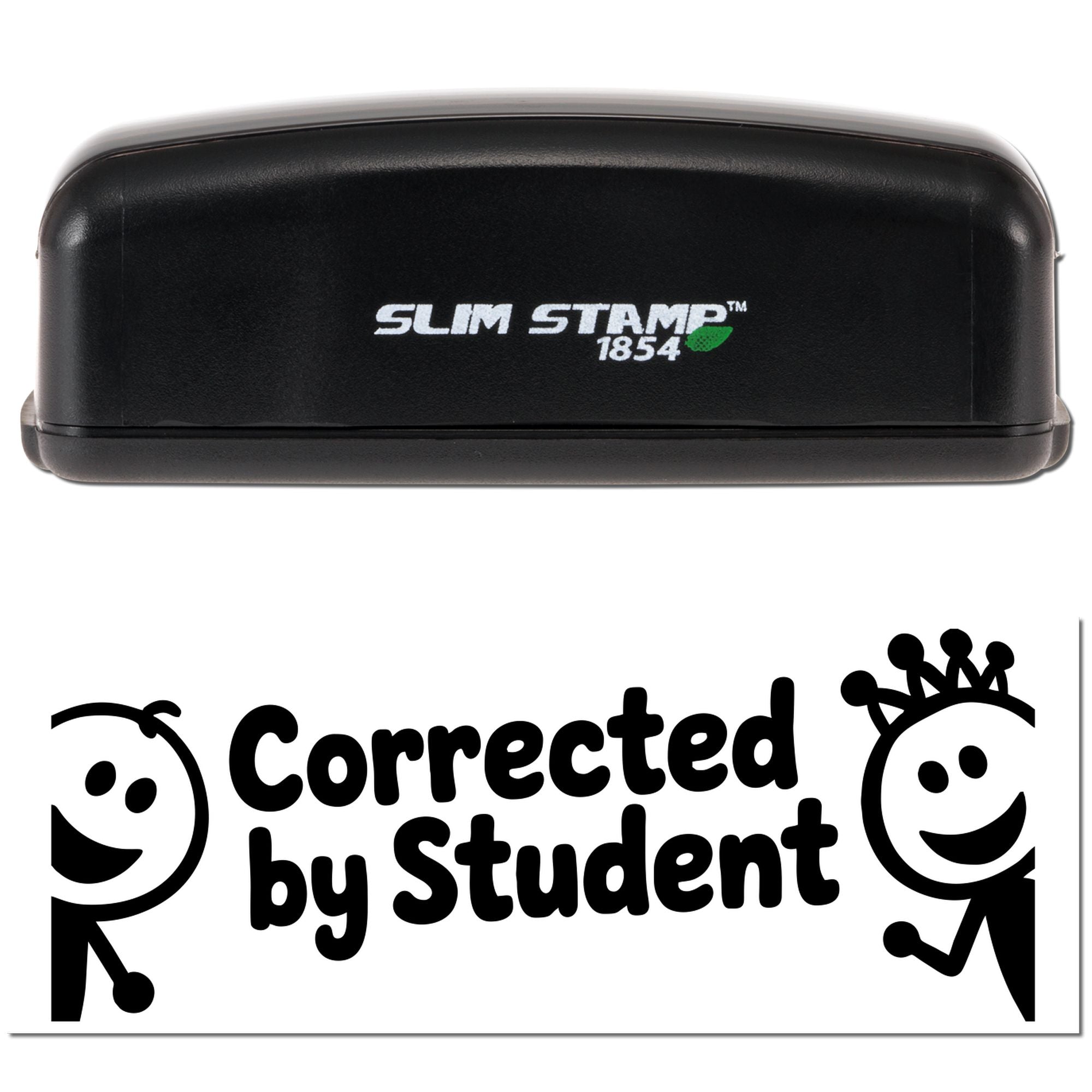 Slim Stamp 1854 rubber stamp with "Corrected by Student" imprint for classroom grading and teacher feedback.