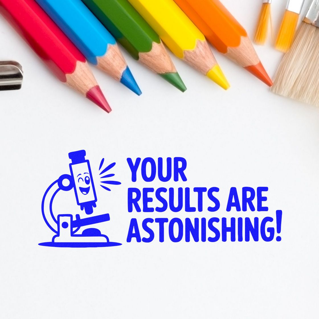 Custom rubber stamp design with microscope and "Your Results Are Astonishing!" text, ideal for science labs and teachers.