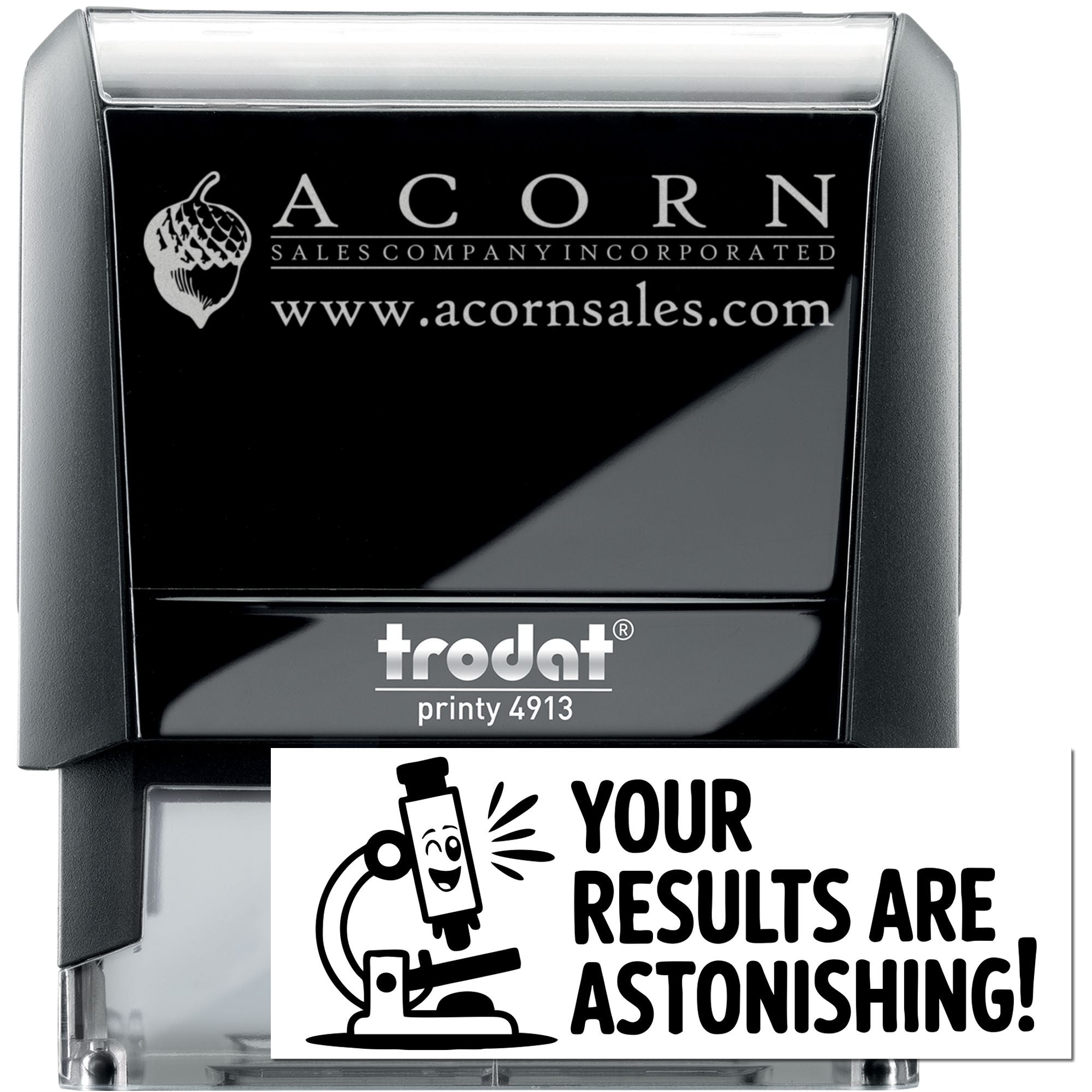 Custom Trodat Printy 4913 self-inking rubber stamp for Acorn Sales Company with logo, website, and sample imprint.