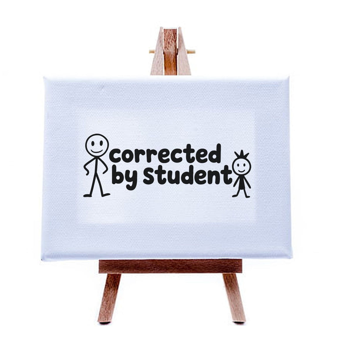 Corrected by Student teacher rubber stamp mockup with playful stick figures for grading schoolwork.