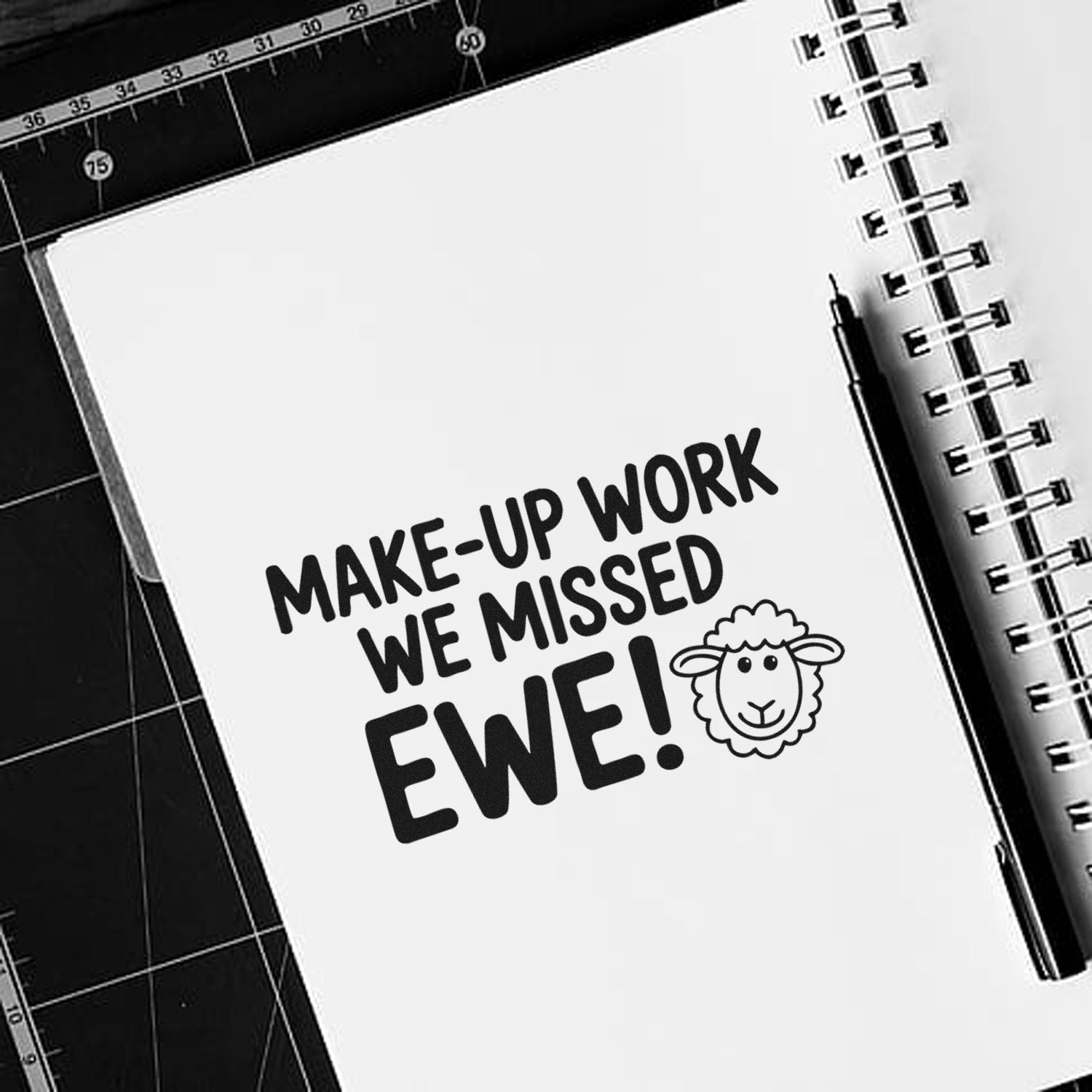 Teacher rubber stamp with sheep design and Make-up work we missed ewe! message for missed assignments and classroom grading.