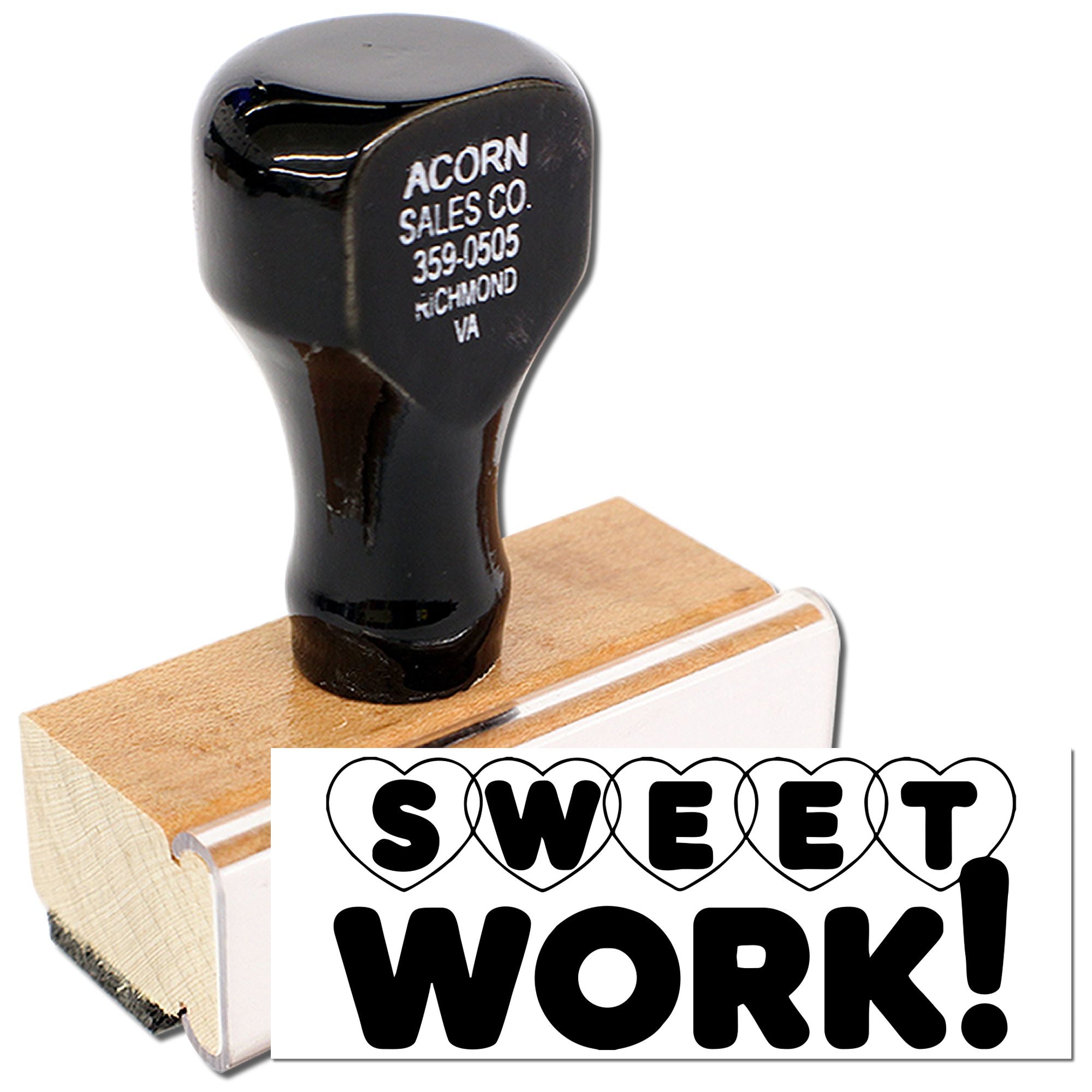 Custom rubber stamp with Sweet Work! design, ideal for office recognition, packaging, and craft projects.