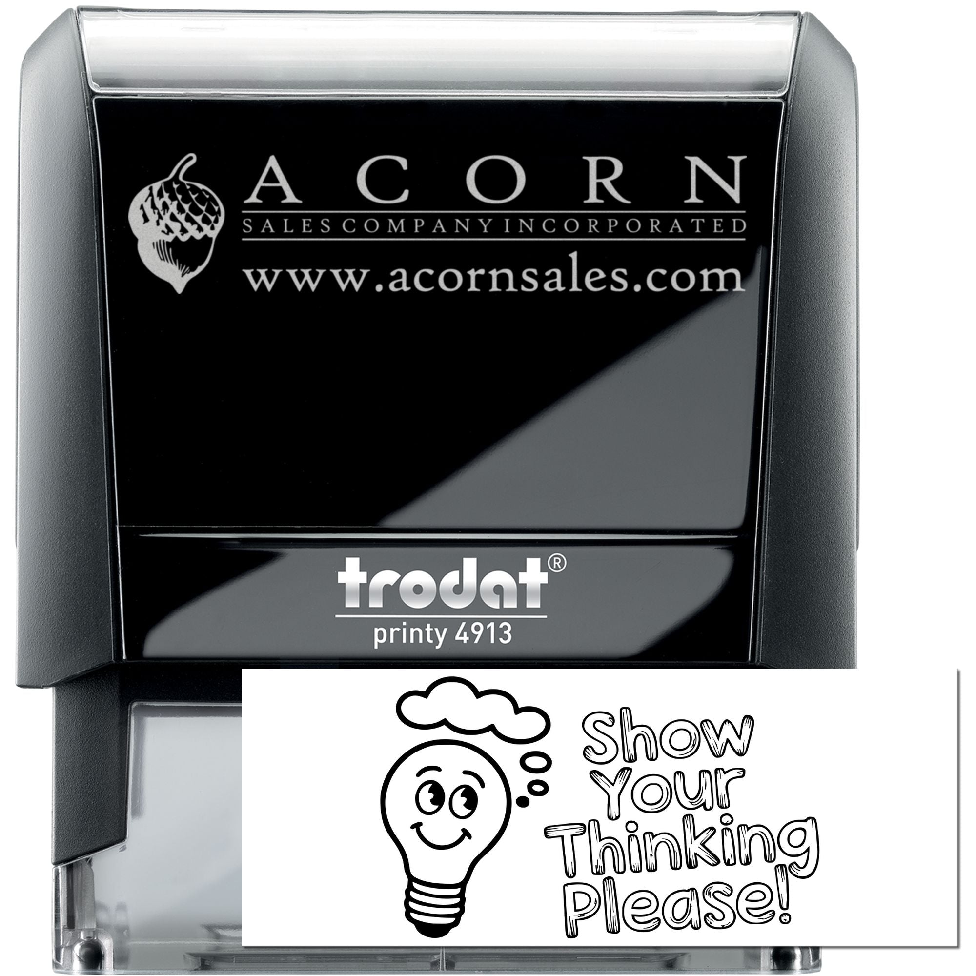 Trodat Printy self-inking custom logo rubber stamp for Acorn Sales Company with website and branding imprint.