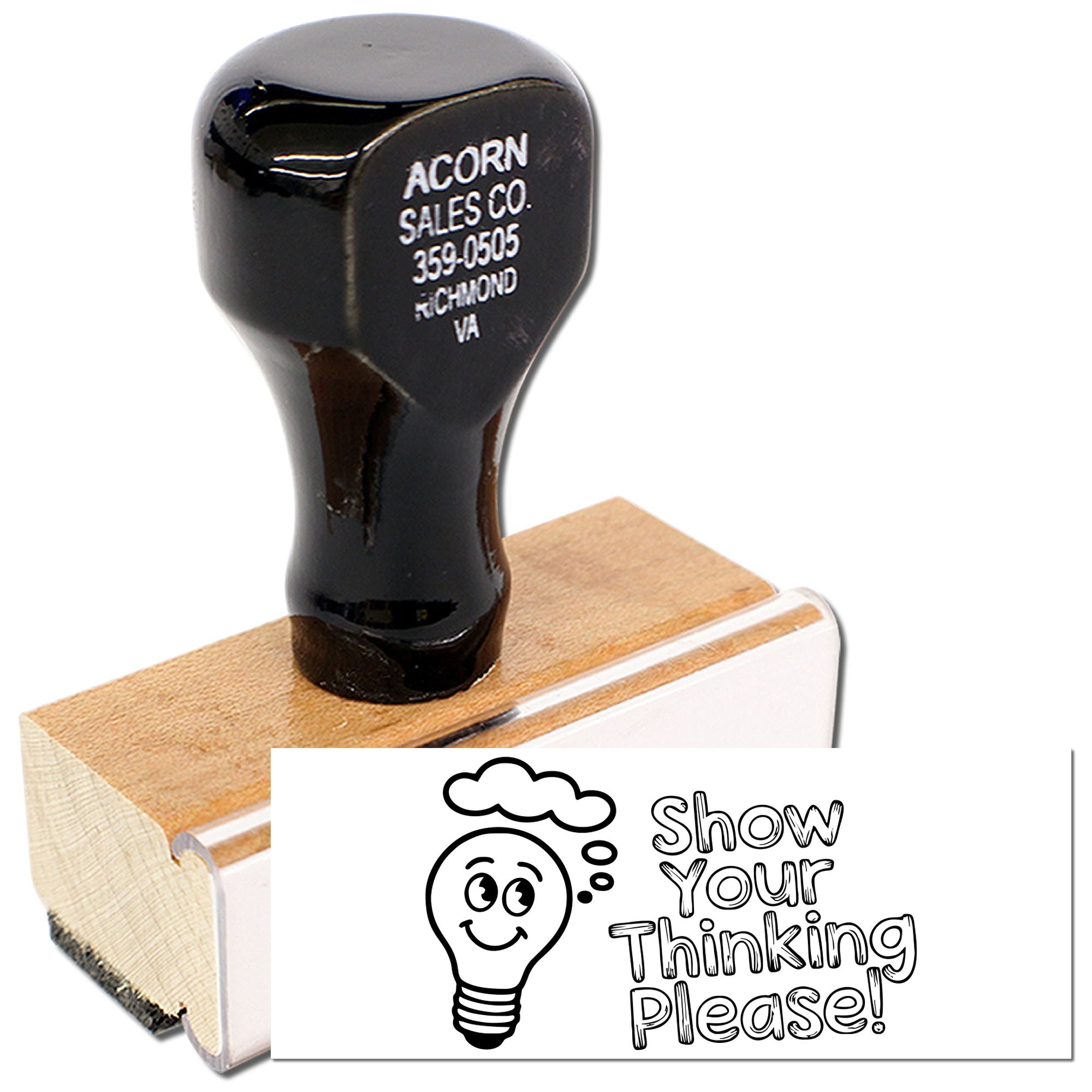 Custom self-inking rubber stamp with light bulb Show Your Thinking Please! design for office and business use.