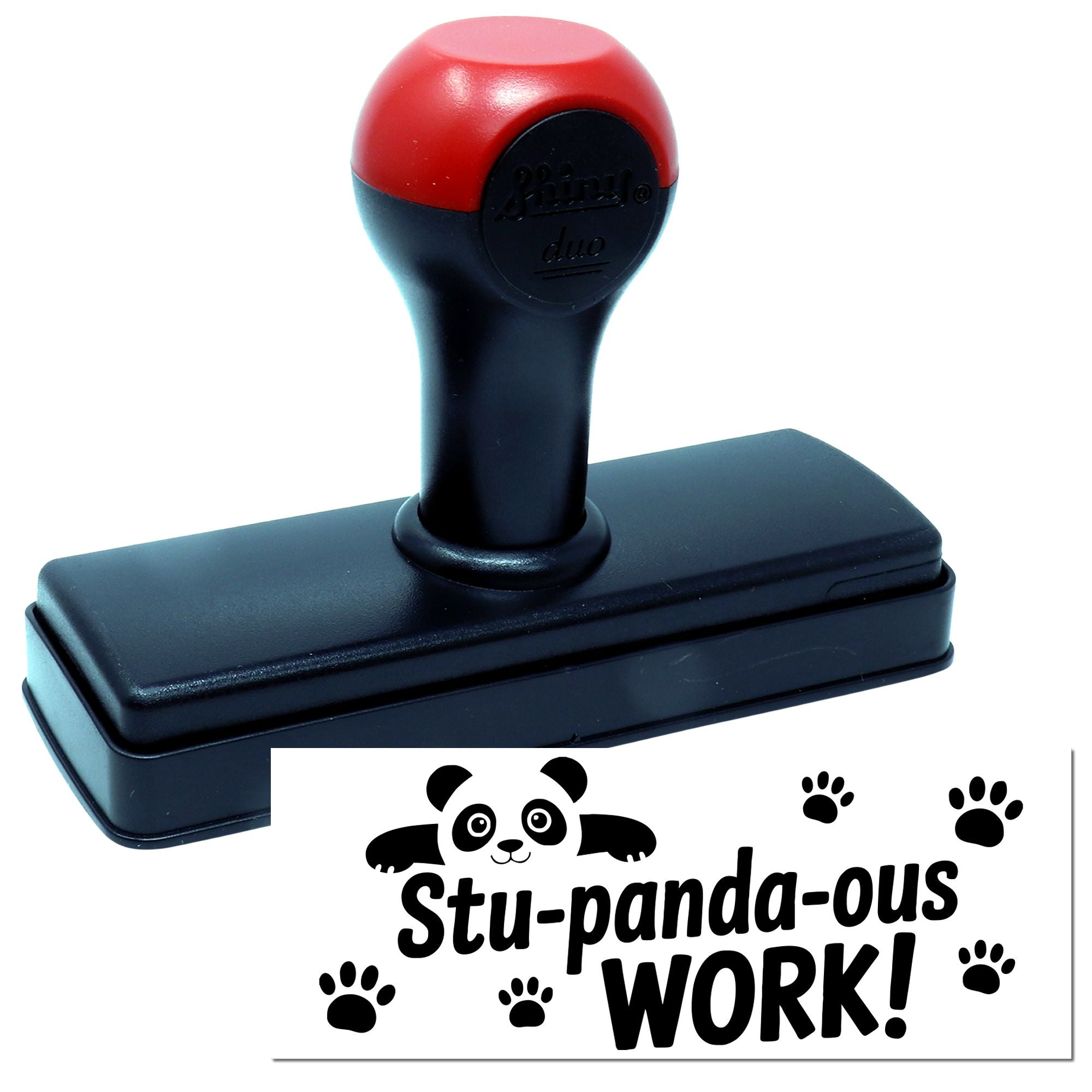 Self-inking rubber stamp with panda Stu-panda-ous WORK! impression for classroom reward marking.