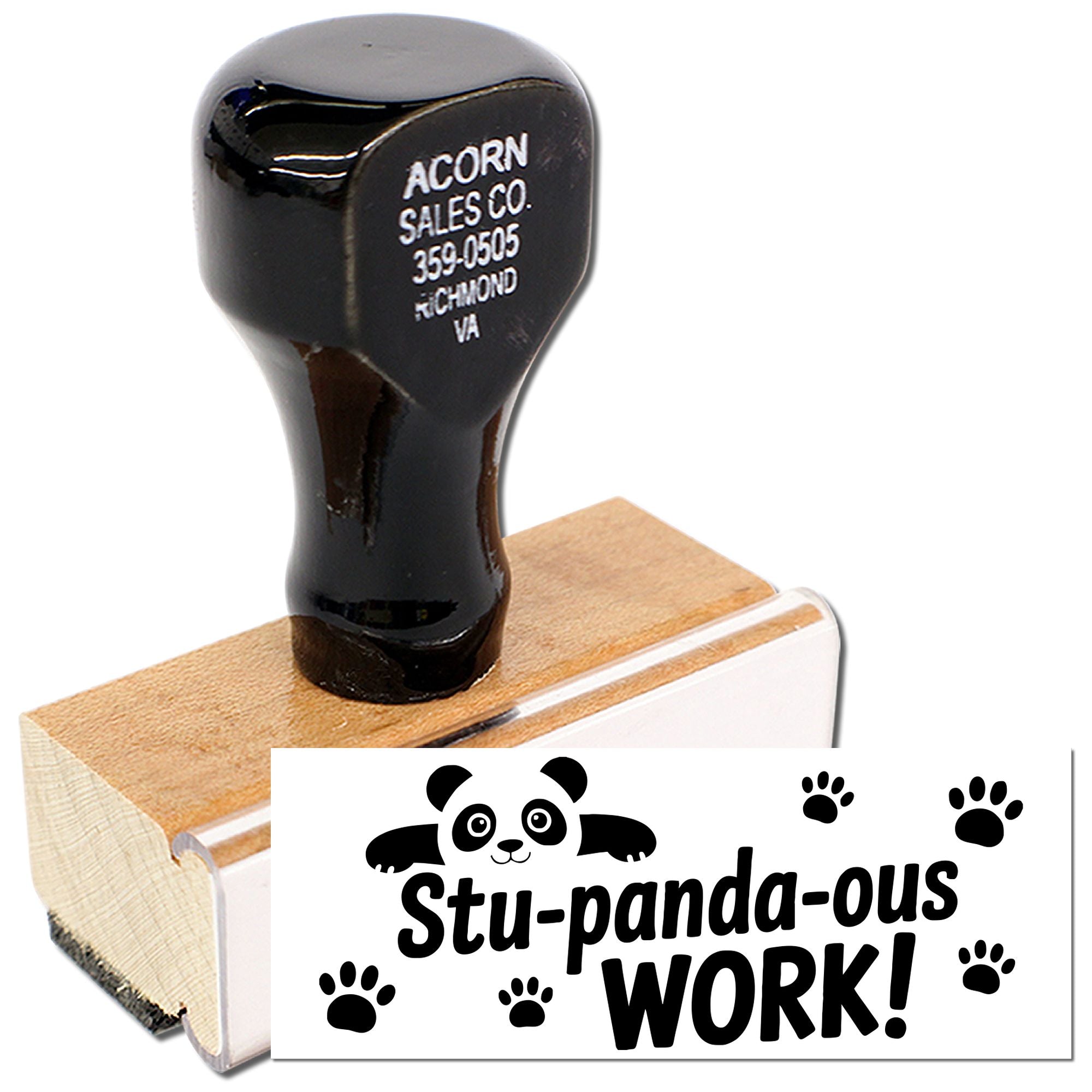 Panda-themed rubber stamp with Stu-panda-ous Work! design for teacher rewards, crafts, and office use.