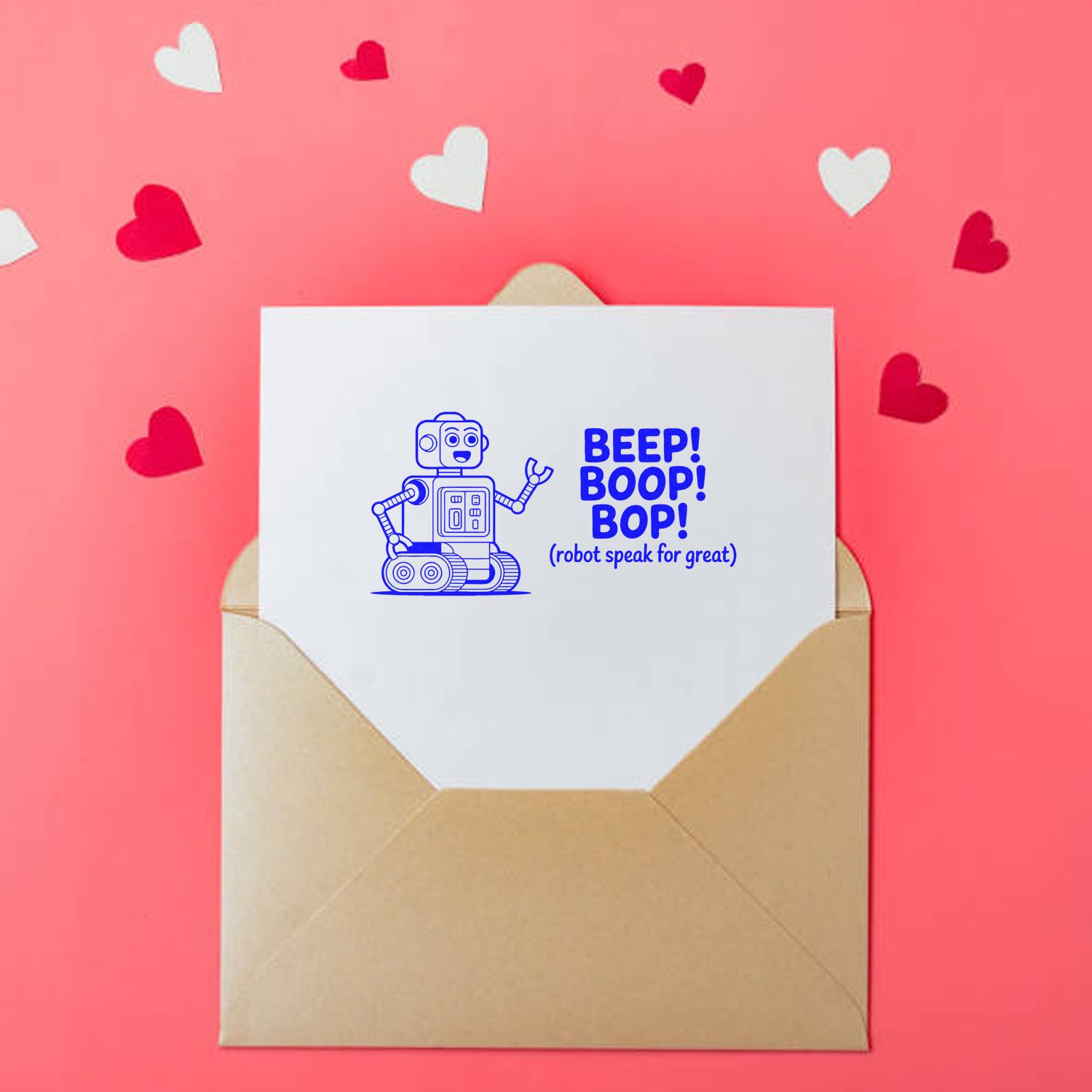 Robot-themed rubber stamp design on a greeting card, featuring BEEP! BOOP! BOP! with hearts on a pink envelope background.