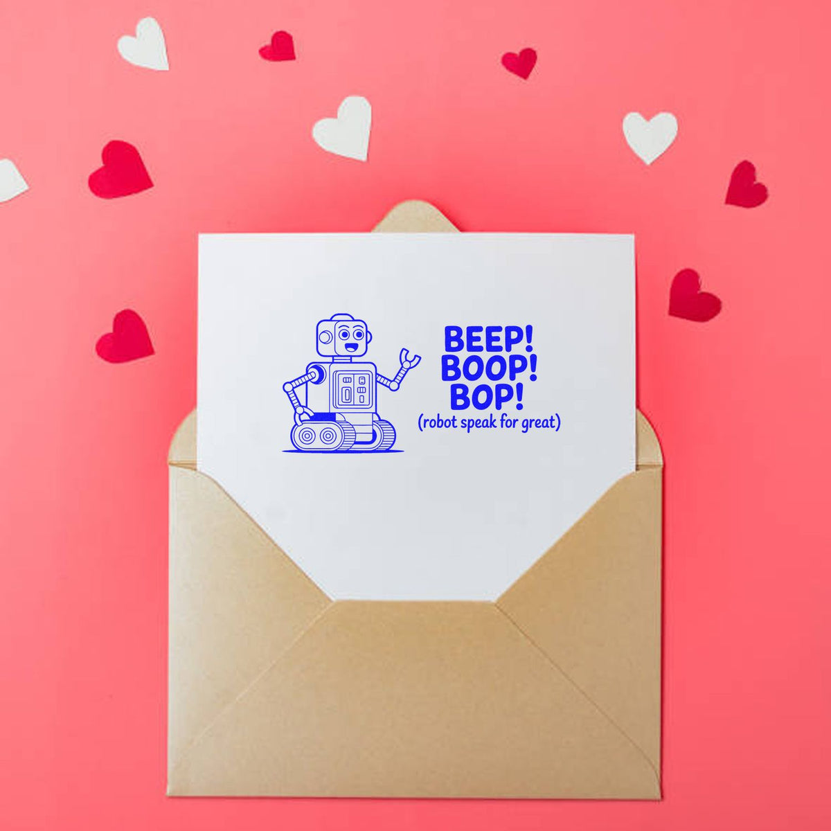 Robot rubber stamp design on envelope card with Beep! Boop! Bop! text, perfect for fun handmade greetings and mail.