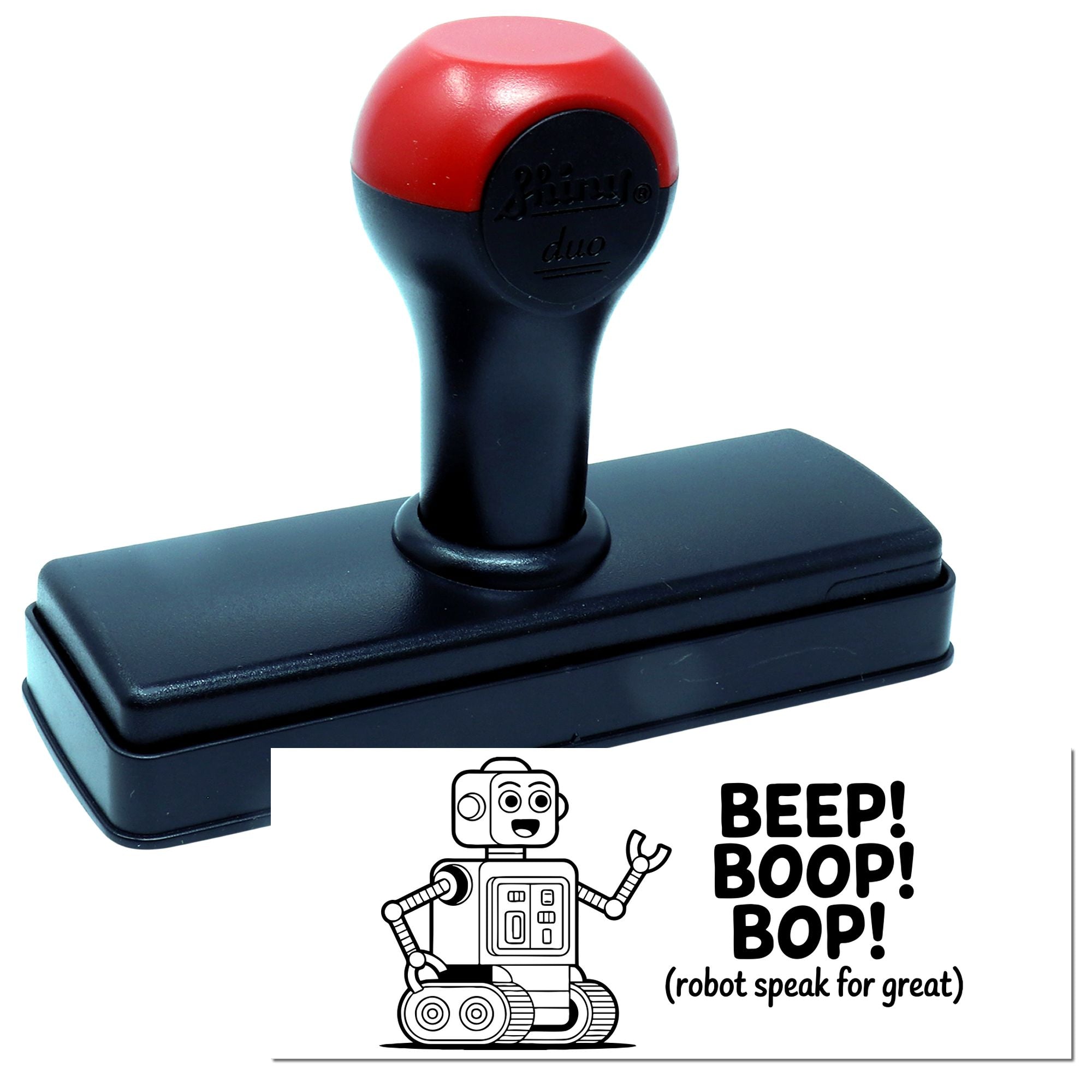 Self-inking rubber stamp with robot design and Beep! Boop! Bop! message for tech-themed crafts.