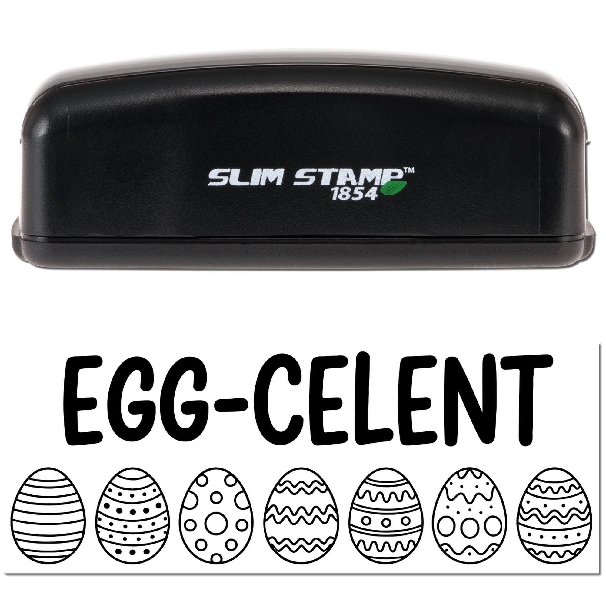 Egg-cellent Easter rubber stamp design with decorative eggs, ideal for festive card making and craft projects.