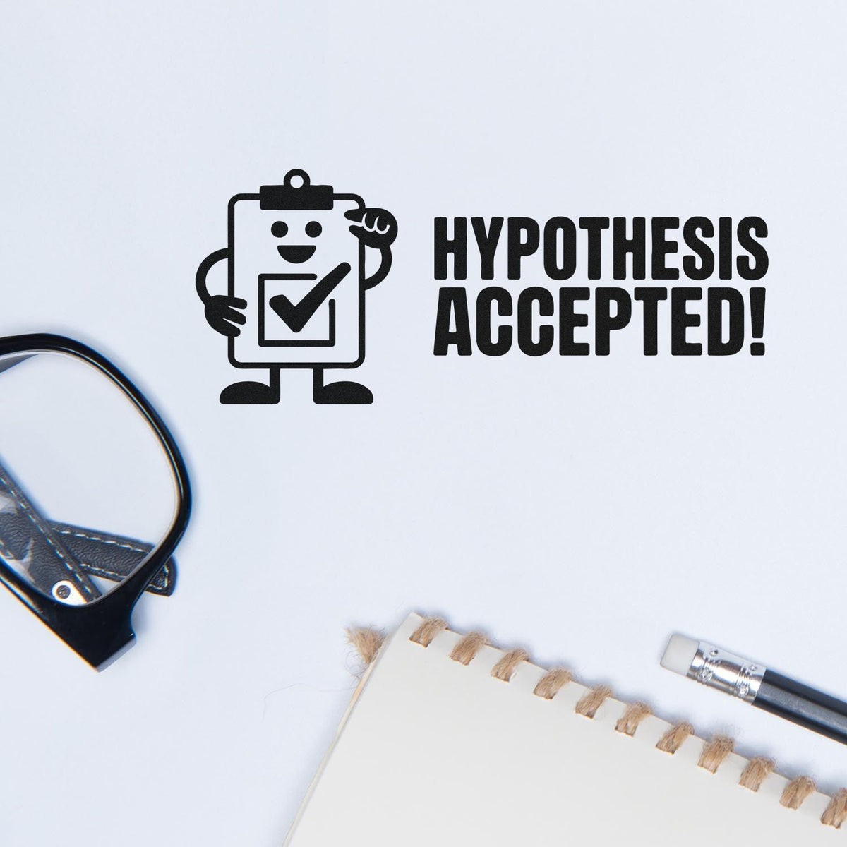 Hypothesis Accepted! rubber stamp impression with clipboard mascot for science teachers, lab grading, and classroom approval.