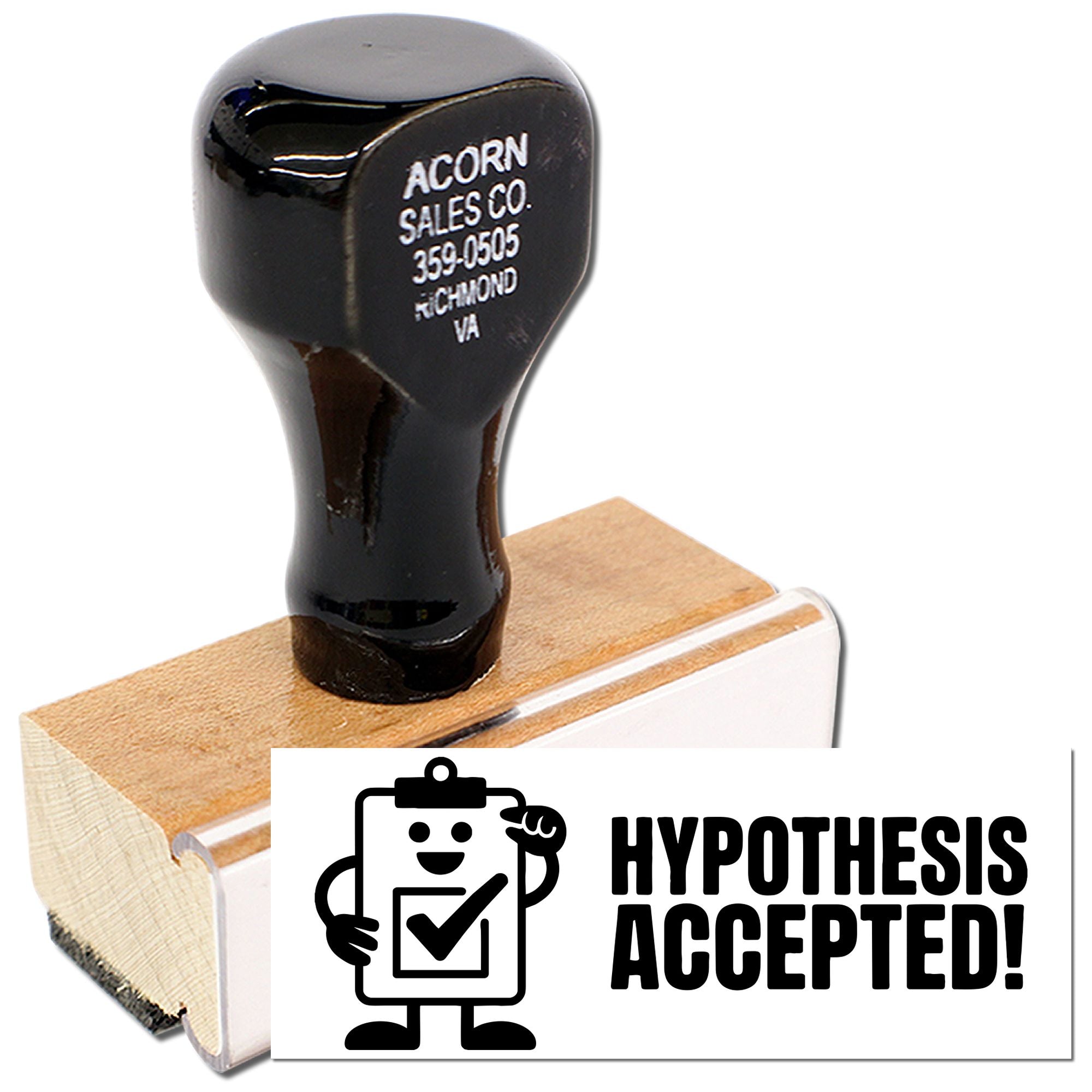 Custom rubber stamp displaying Hypothesis Accepted! for science teachers, classroom grading, and lab reports.
