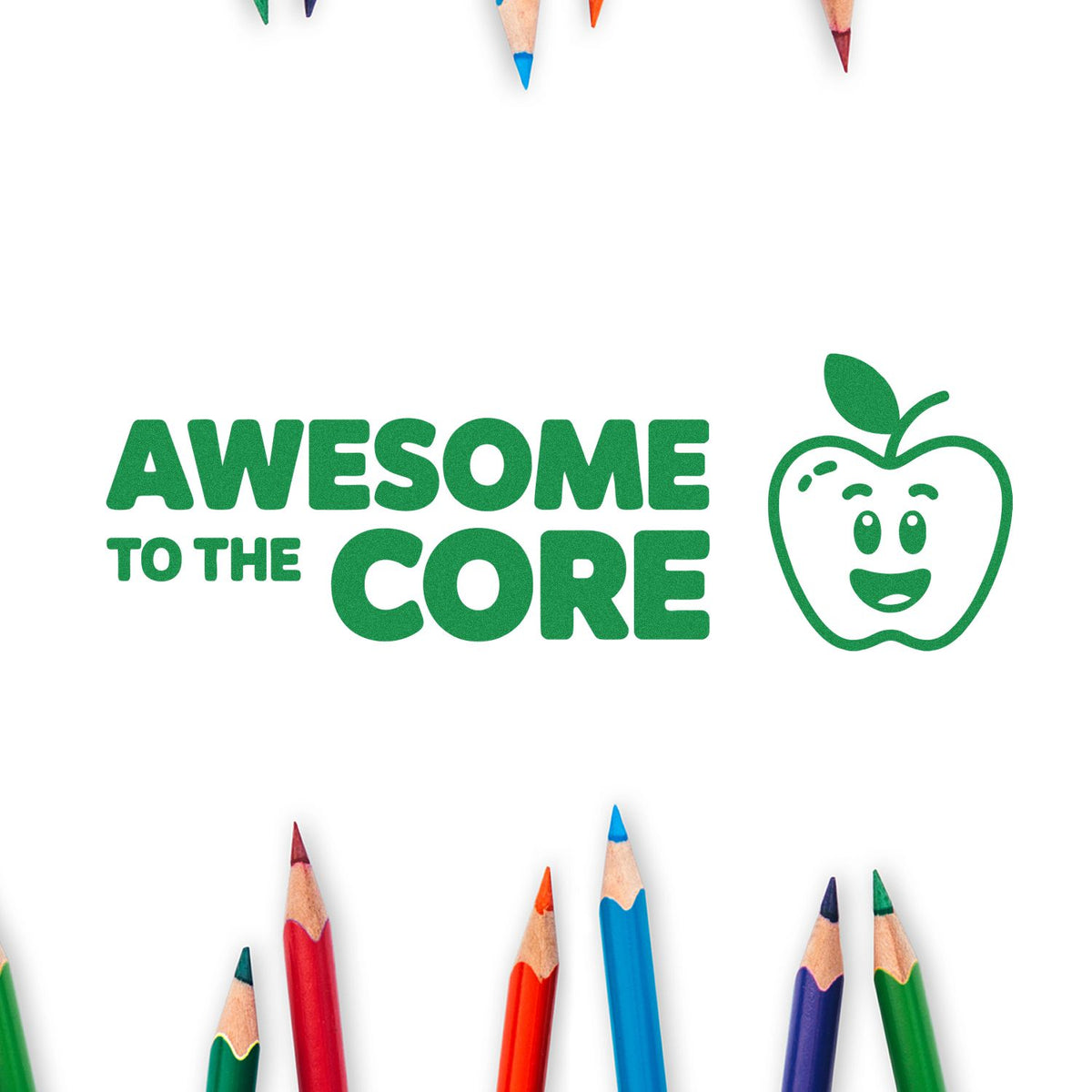 Awesome to the Core teacher rubber stamp with smiling apple icon, perfect for grading, rewards, and classroom use.