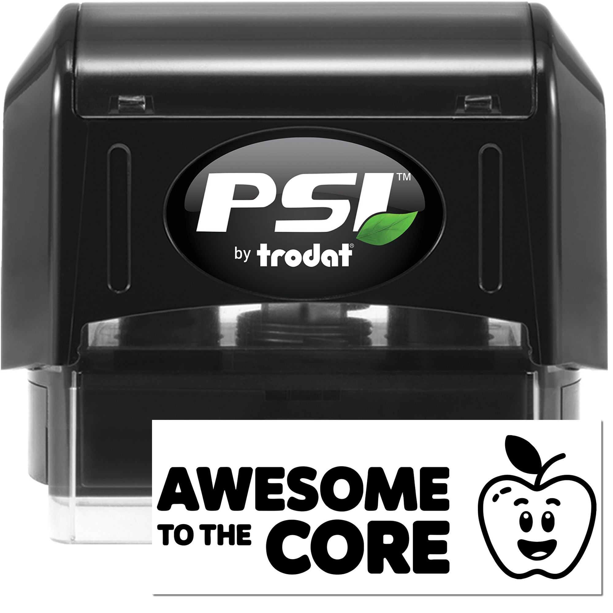 PSI by Trodat self-inking rubber stamp featuring Awesome to the Core apple design for teacher rewards and crafts.