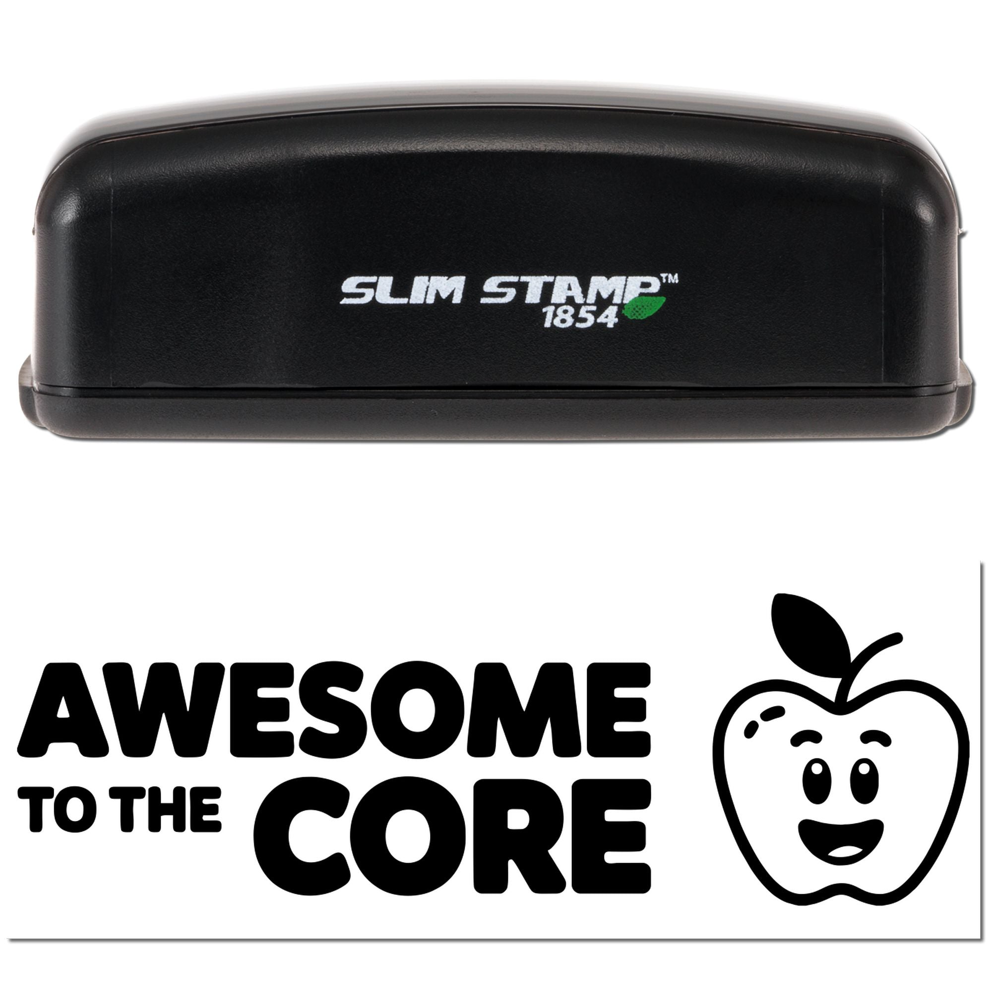 Slim Stamp 1854 self-inking rubber stamp with Awesome to the Core apple design for teachers, rewards, and packaging.